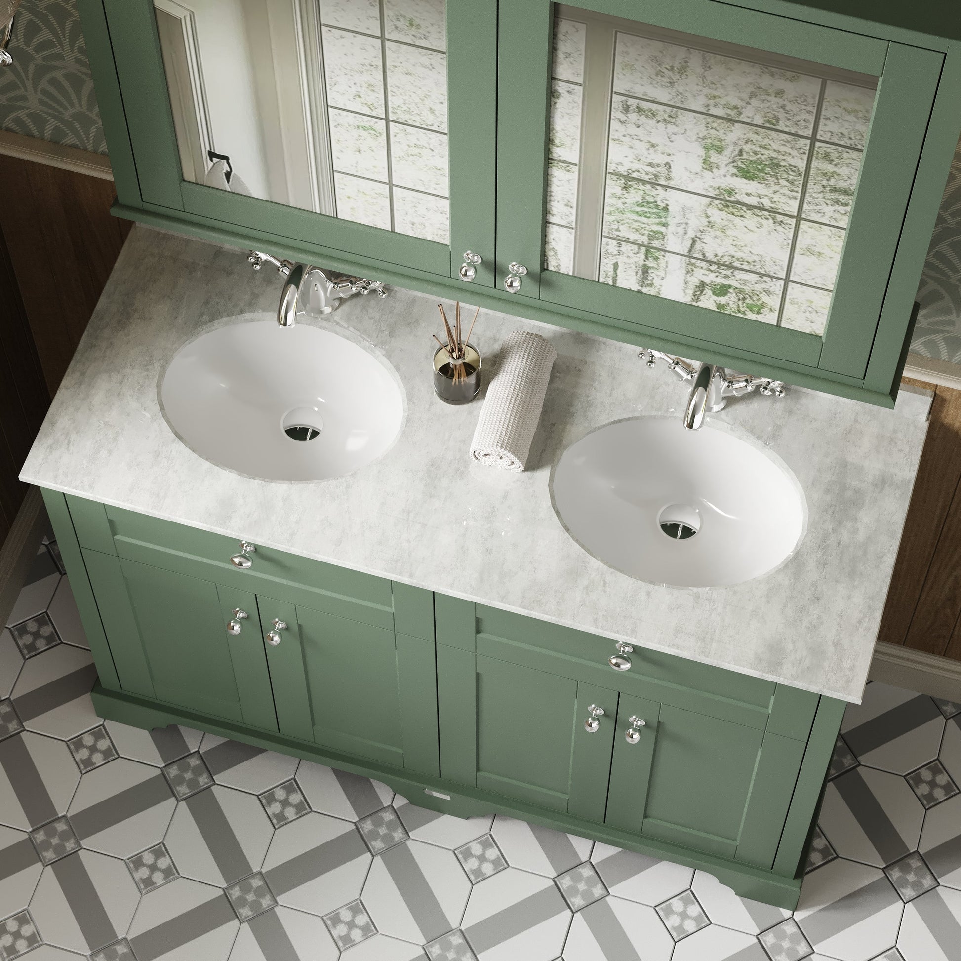 Hudson Reed Old London 1220mm Hunter Green Floor Standing Double Basin Vanity Unit With White Marble Top