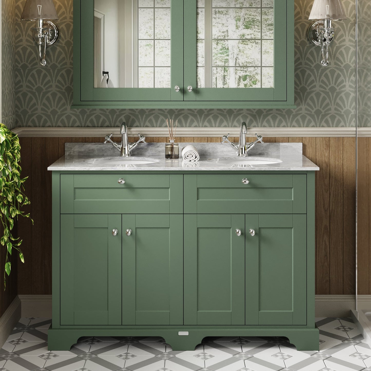 Hudson Reed Old London 1200mm Hunter Green Floor Standing 4 Door Vanity Unit With Grey Marble Top Double Basin