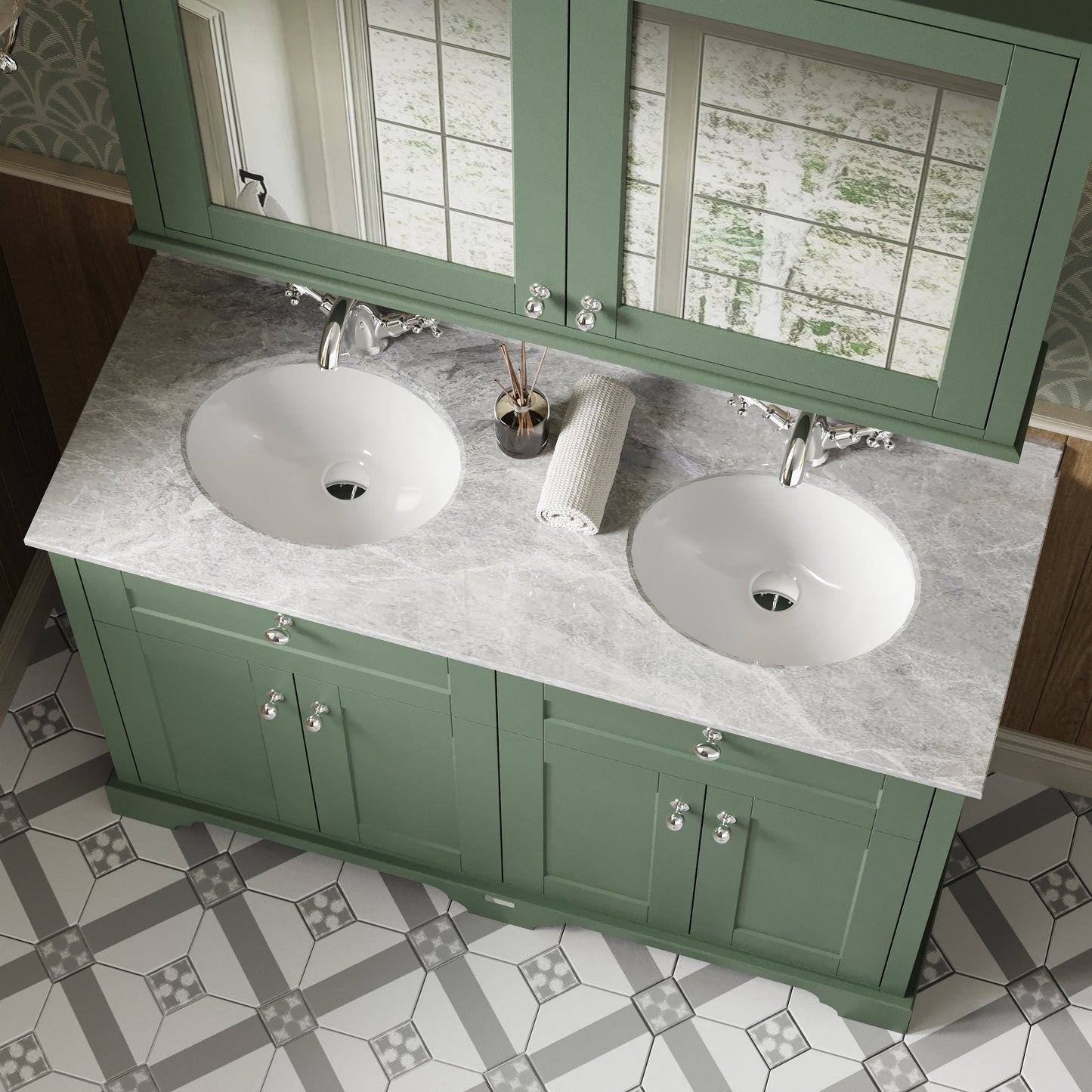 Hudson Reed Old London 1200mm Hunter Green Floor Standing 4 Door Vanity Unit With Grey Marble Top Double Basin