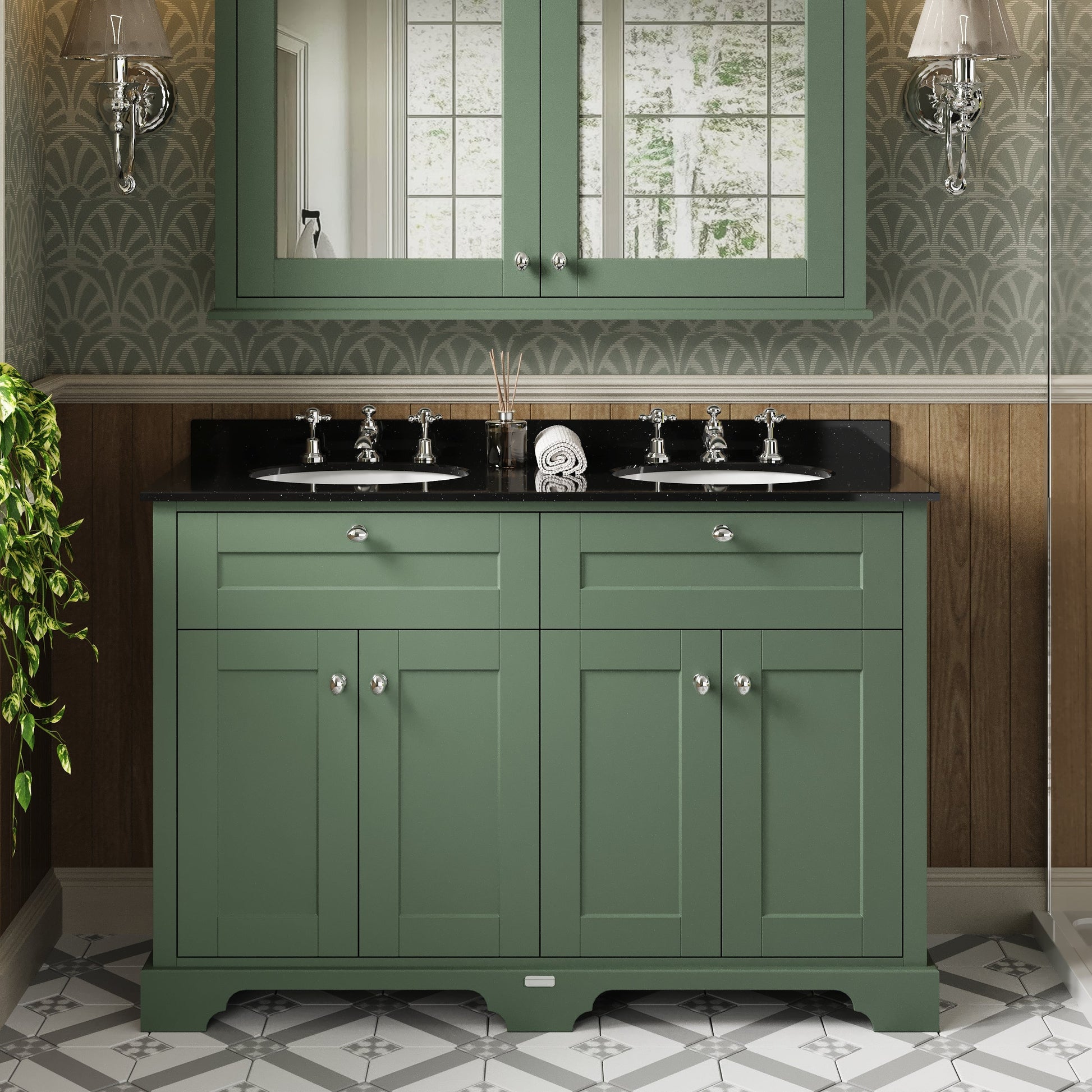 Hudson Reed Old London 1200mm Hunter Green Floor Standing Vanity Unit With Black Marble Top Double Basin