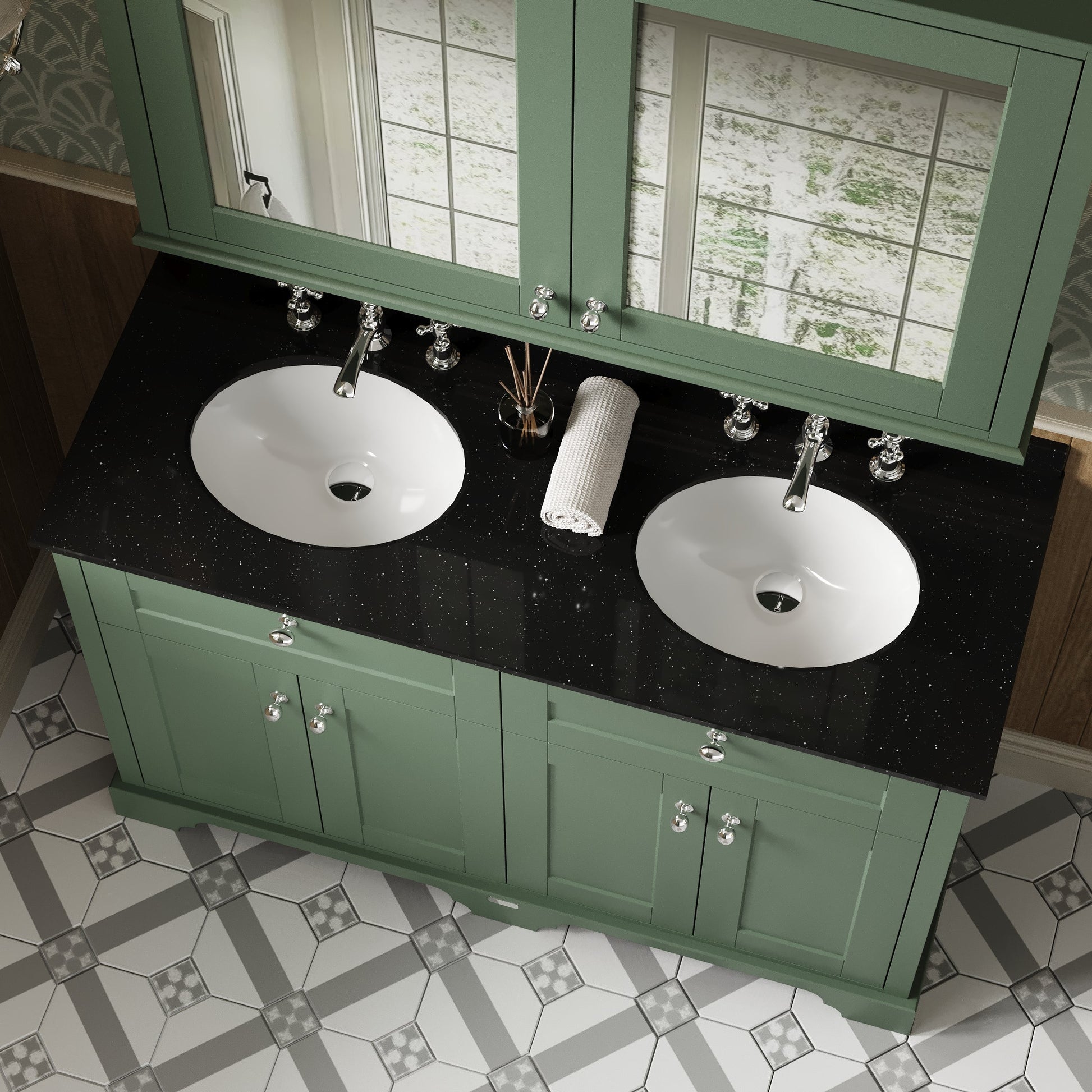 Hudson Reed Old London 1200mm Hunter Green Floor Standing Vanity Unit With Black Marble Top Double Basin