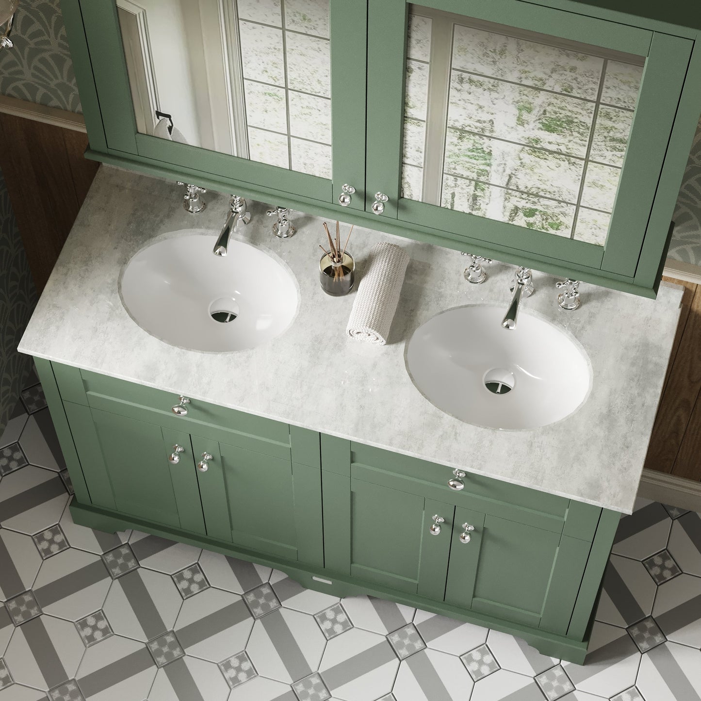 Hudson Reed Old London 1220mm Hunter Green Floor Standing Vanity Unit With Double White Marble Basin