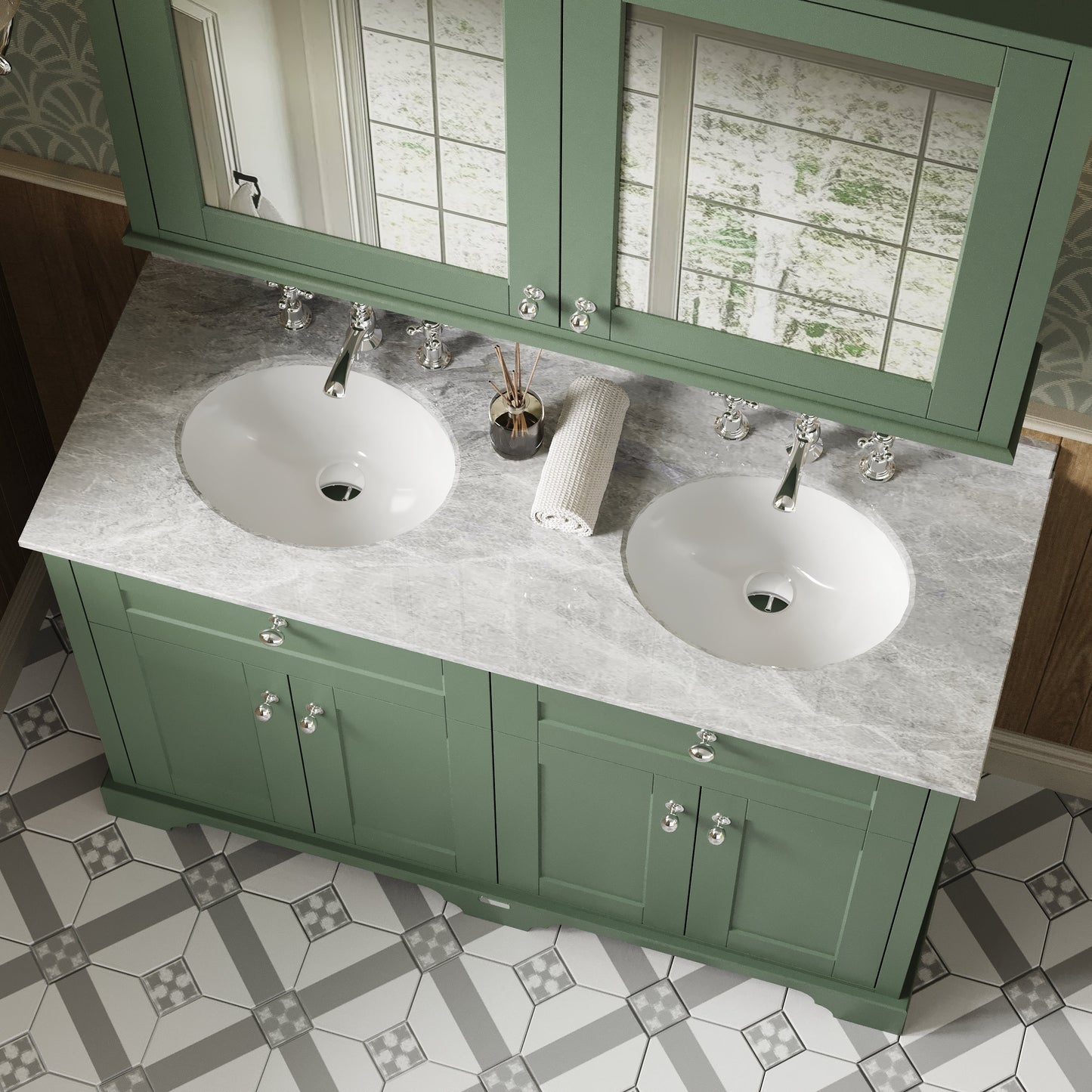 Hudson Reed Old London 1220mm Hunter Green Floor Standing 4 Door Vanity Unit with Grey Marble Top Double Basin