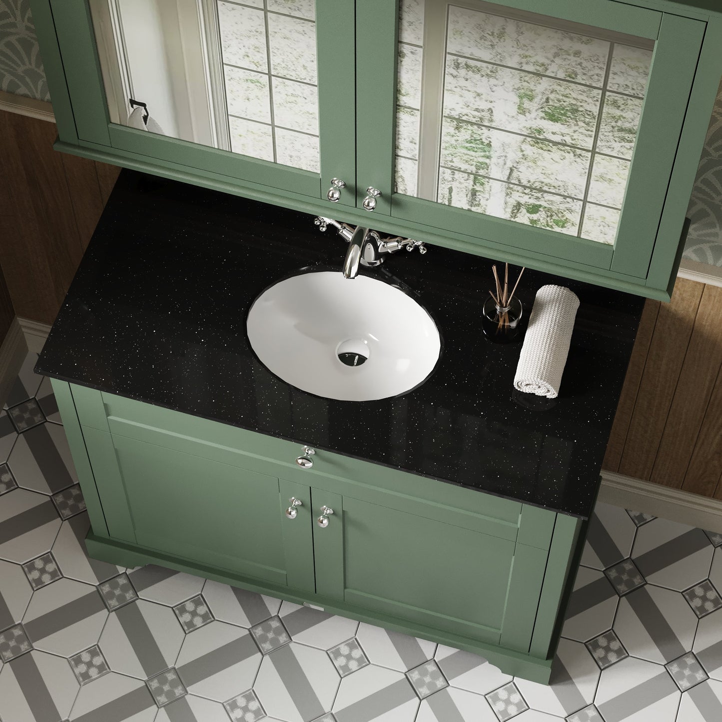 Hudson Reed Old London 1020mm Hunter Green Floor Standing 2 Door Vanity Unit With Black Marble Top Basin