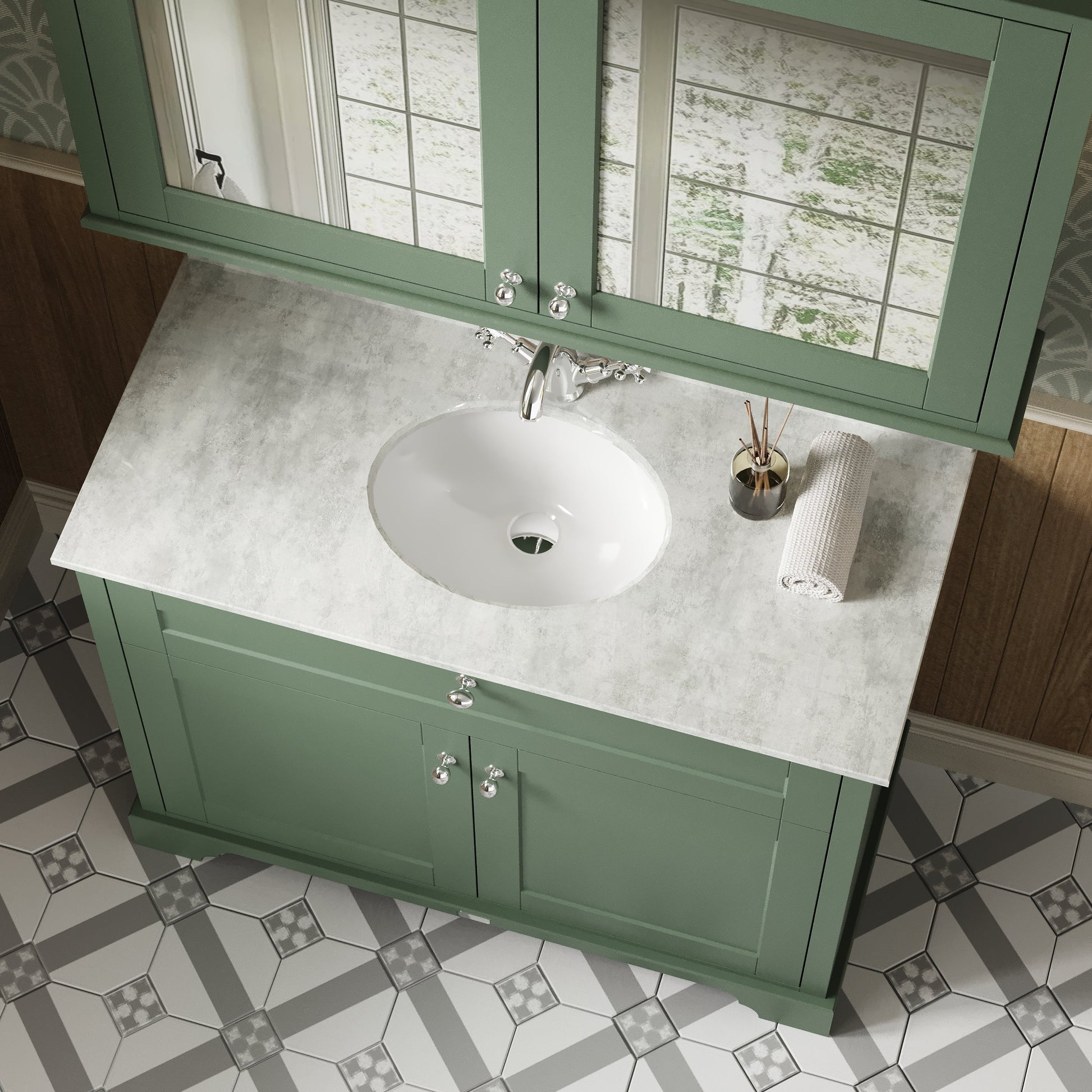 Hudson Reed Old London 1020mm Hunter Green Floor Standing 2 Door Vanity Unit With White Marble Top Basin