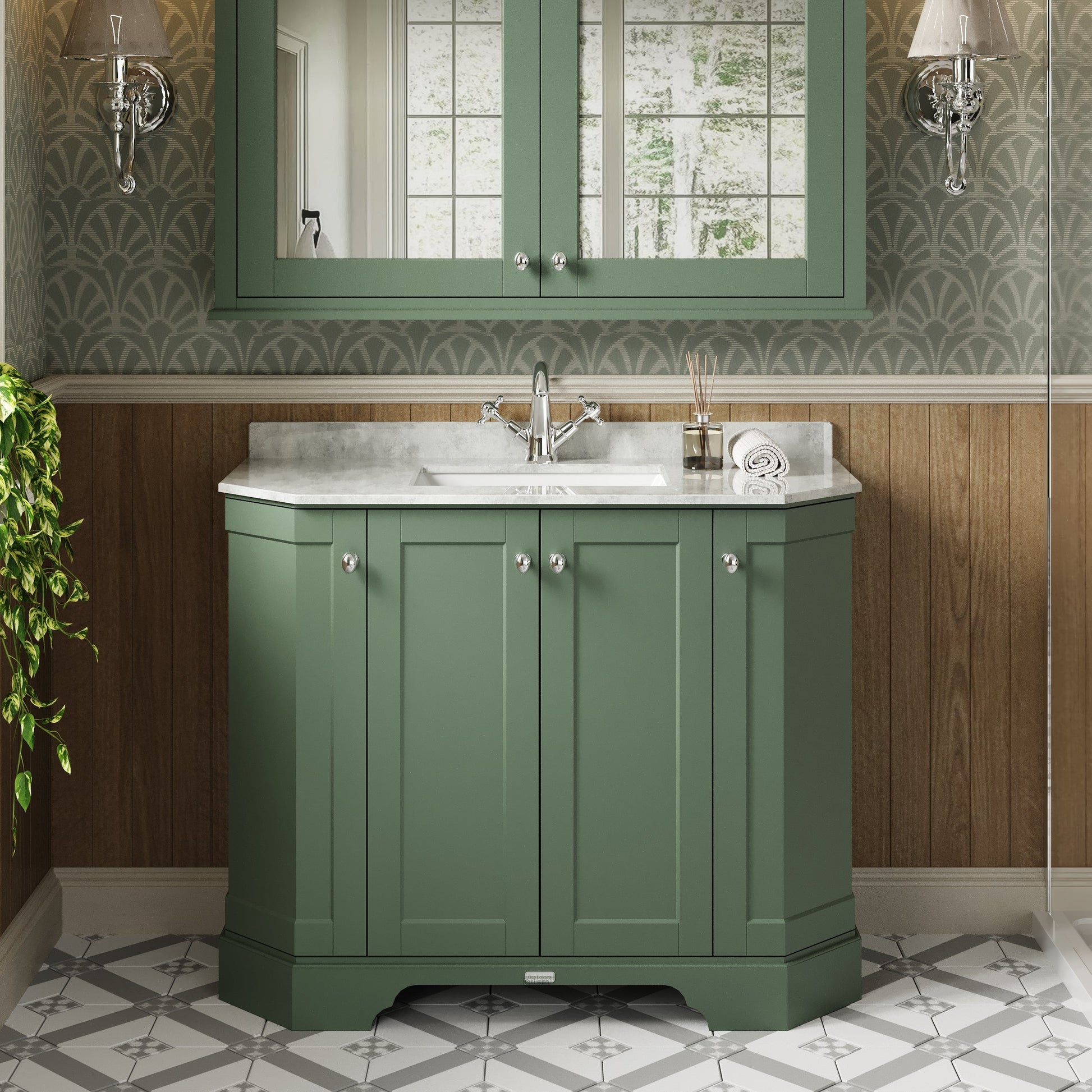 Hudson Reed Old London 1000mm Hunter Green Floor Standing 4 Door Vanity Unit With White Marble Top Basin