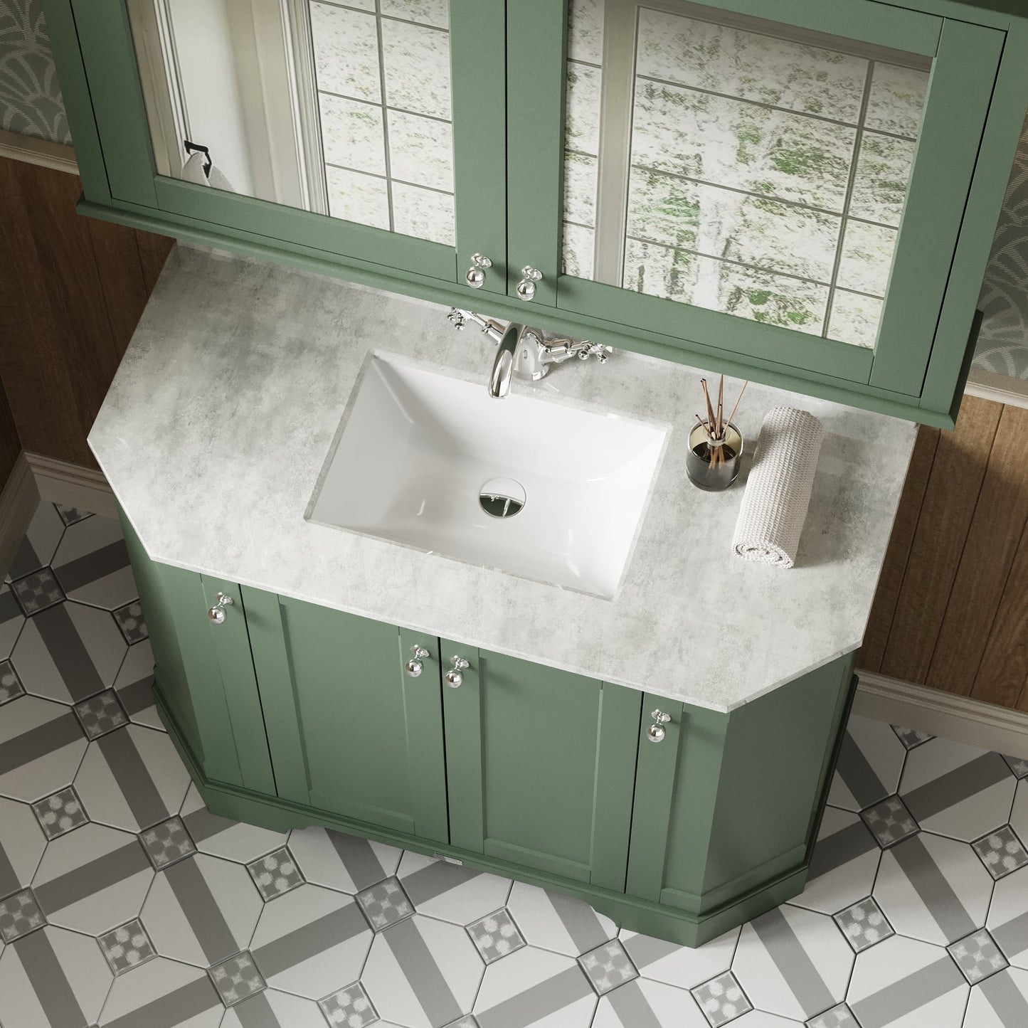 Hudson Reed Old London 1000mm Hunter Green Floor Standing 4 Door Vanity Unit With White Marble Top Basin