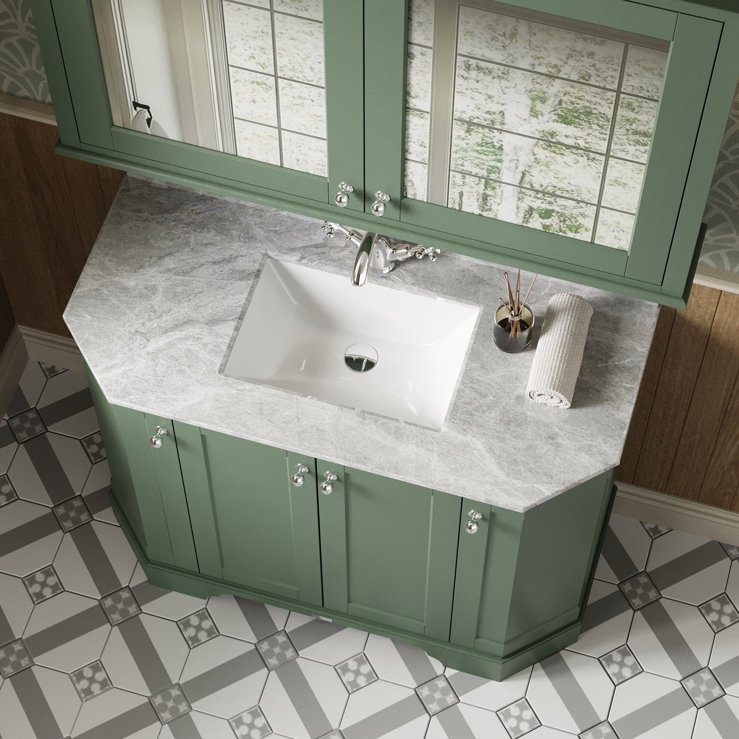 Hudson Reed Old London 1000mm Hunter Green Floor Standing Vanity Unit With 1 Tap Hole Grey Marble Top Basin