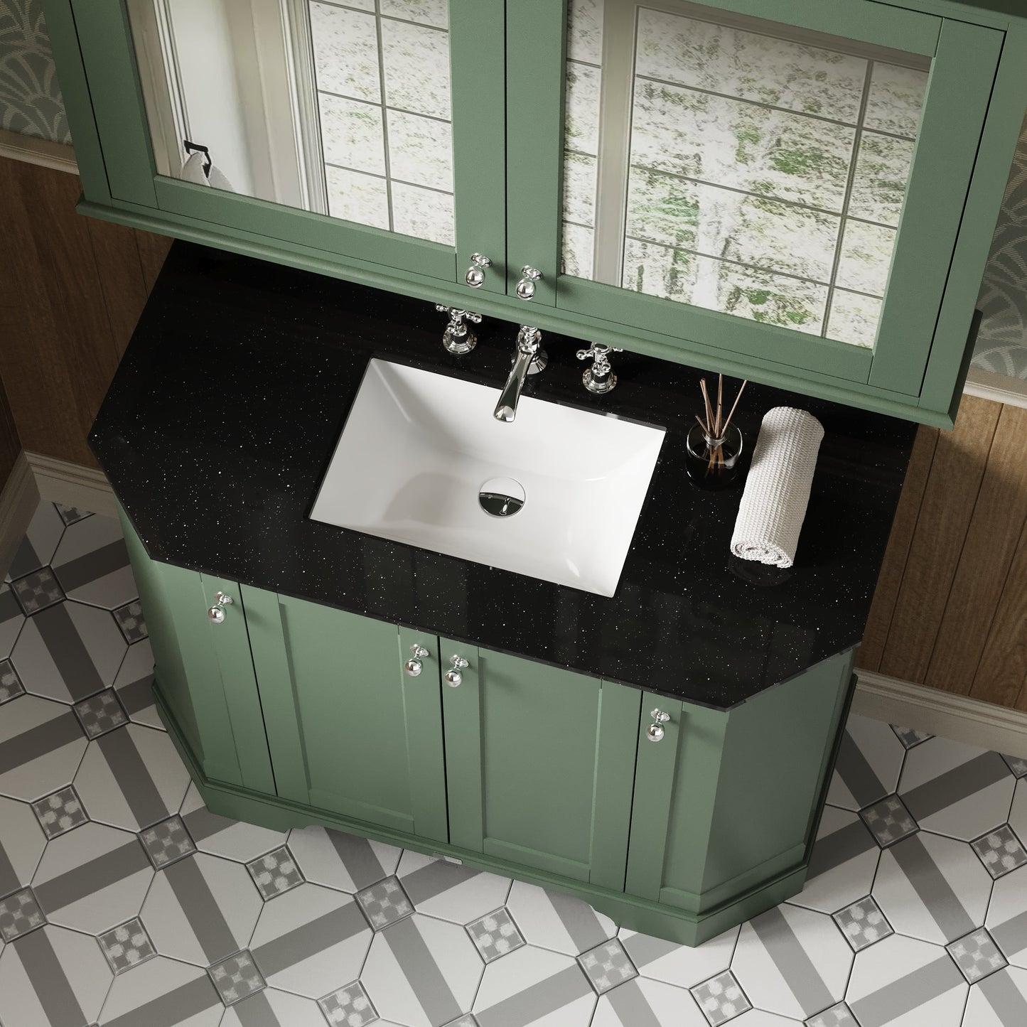 Hudson Reed Old London 1036mm Hunter Green Floor Standing 4 Door Vanity Unit With Black Marble Top Basin