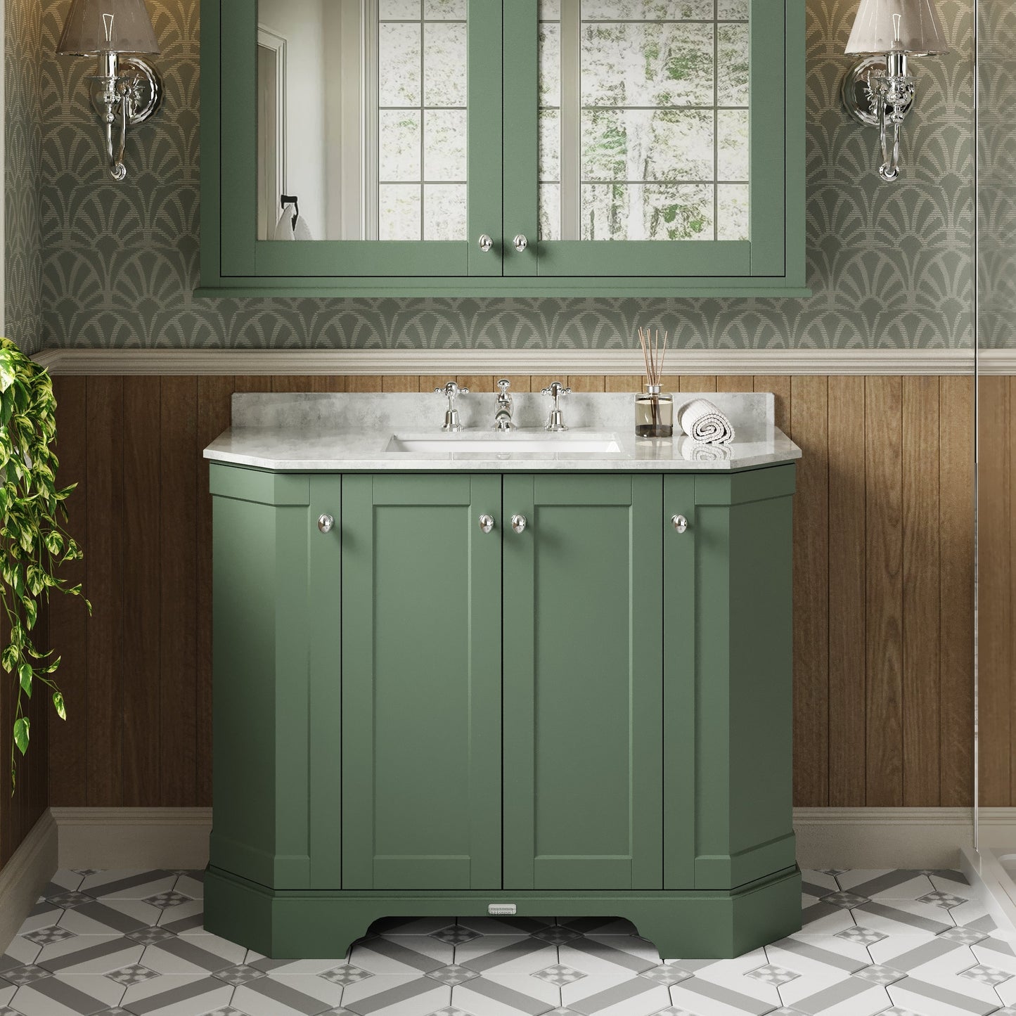 Hudson Reed Old London Hunter Green Floor Standing Vanity Unit With 3 Tap Hole White Marble Top Basin