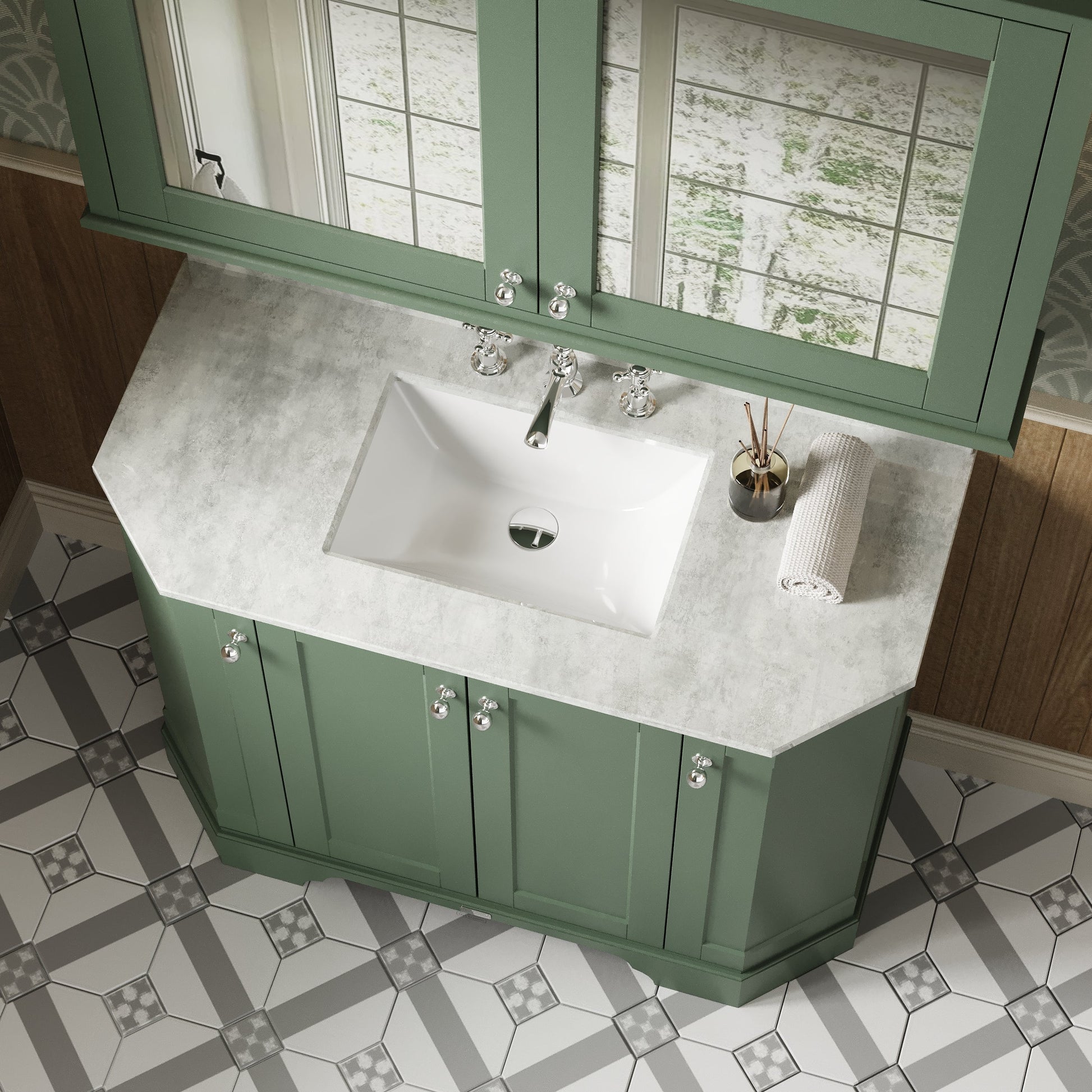 Hudson Reed Old London Hunter Green Floor Standing Vanity Unit With 3 Tap Hole White Marble Top Basin