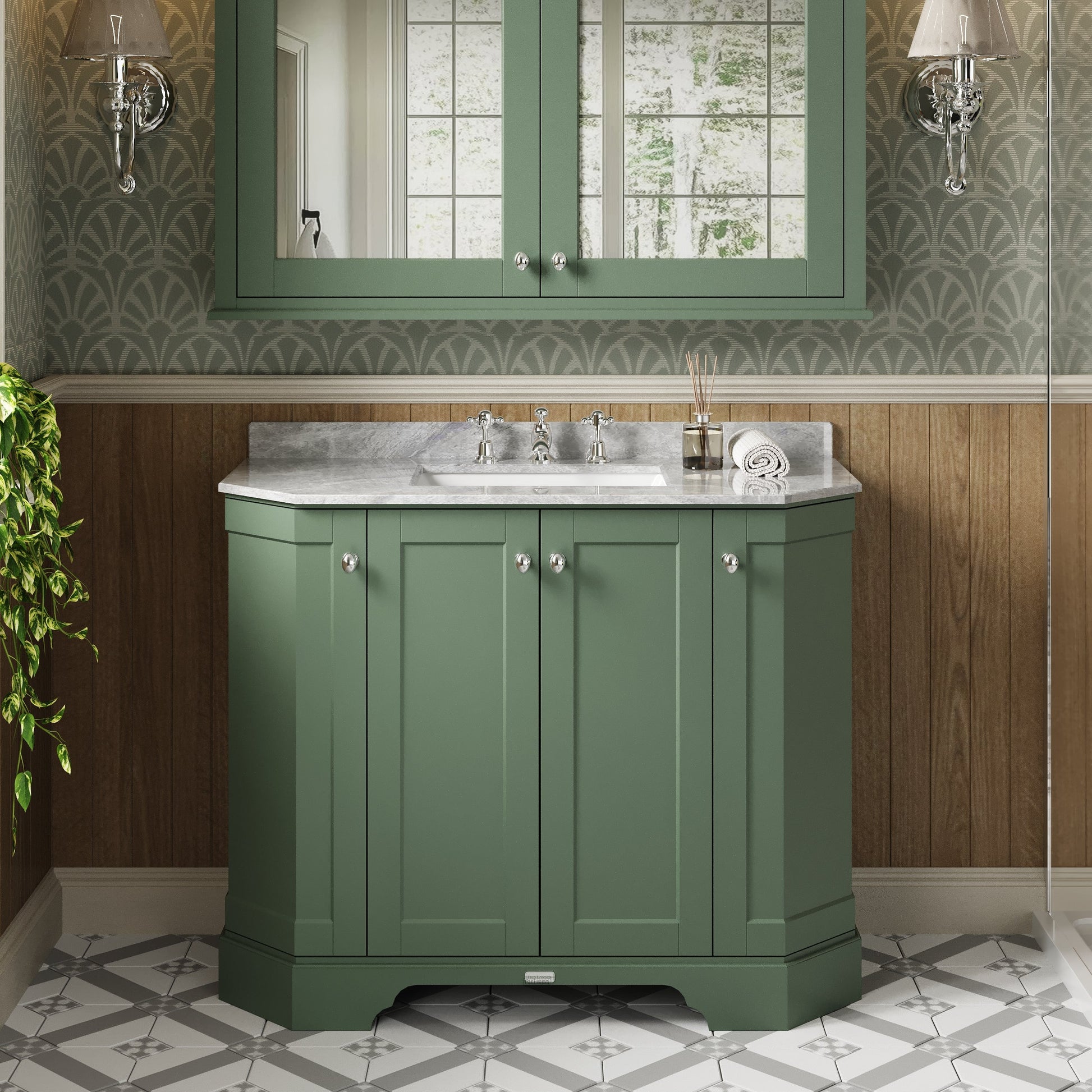 Hudson Reed Old London 1000mm Hunter Green Floor Standing Vanity Unit with 3 Tap Hole Grey Marble Top Basin