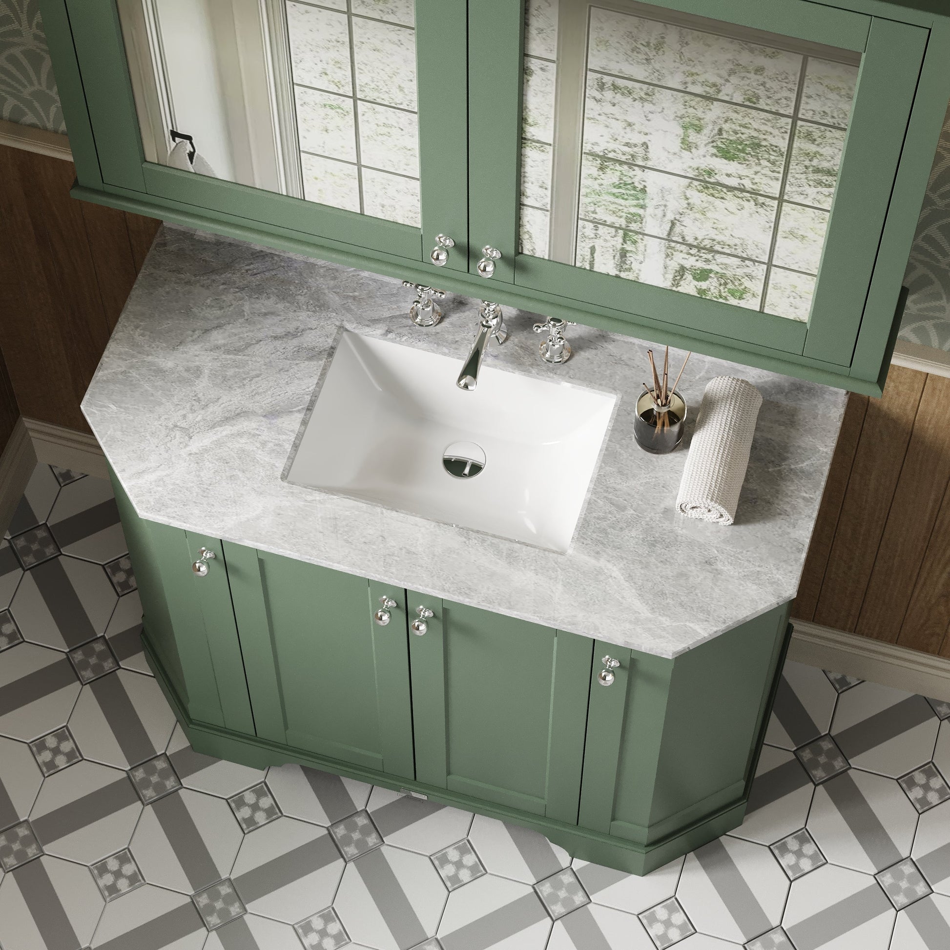 Hudson Reed Old London 1000mm Hunter Green Floor Standing Vanity Unit with 3 Tap Hole Grey Marble Top Basin