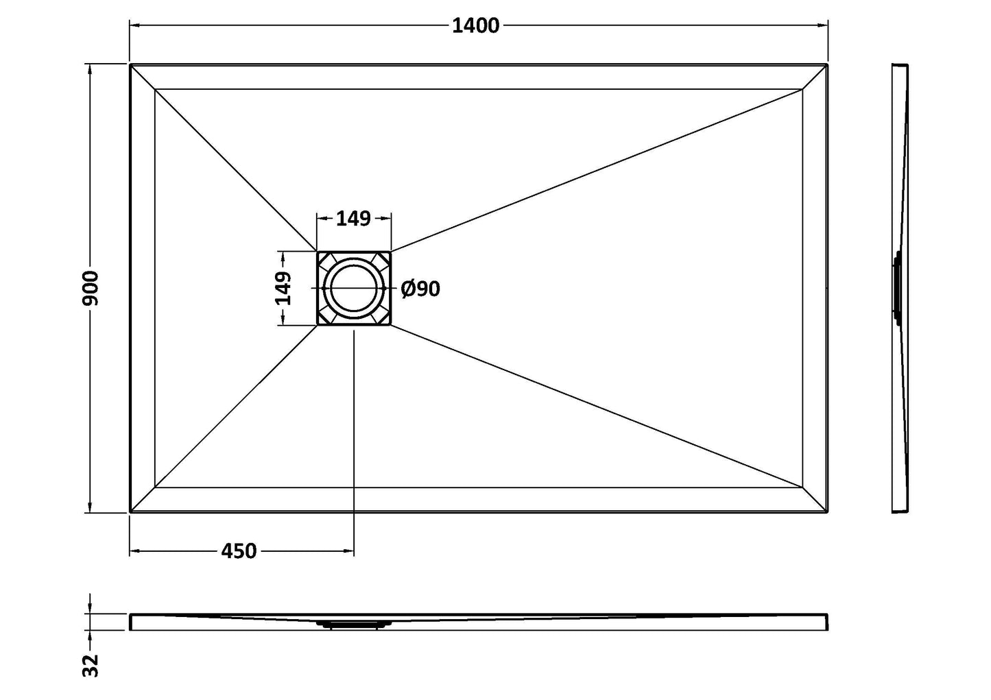 Rectangular Slimline Shower Tray 1400 x 900mm