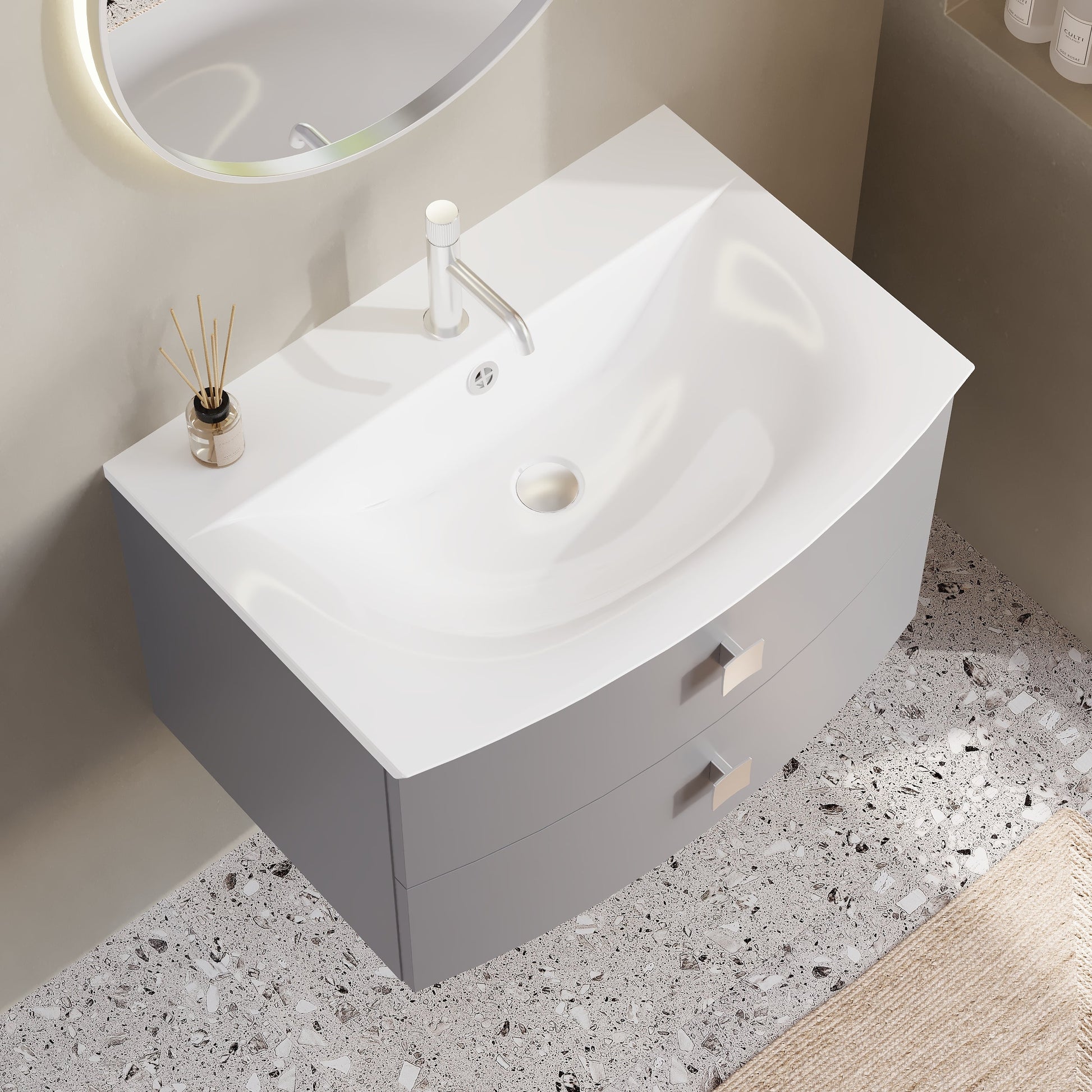Hudson Reed Sarenna 700mm Dove Grey Wall Hung 2 Drawer Vanity Unit with Polymarble Basin