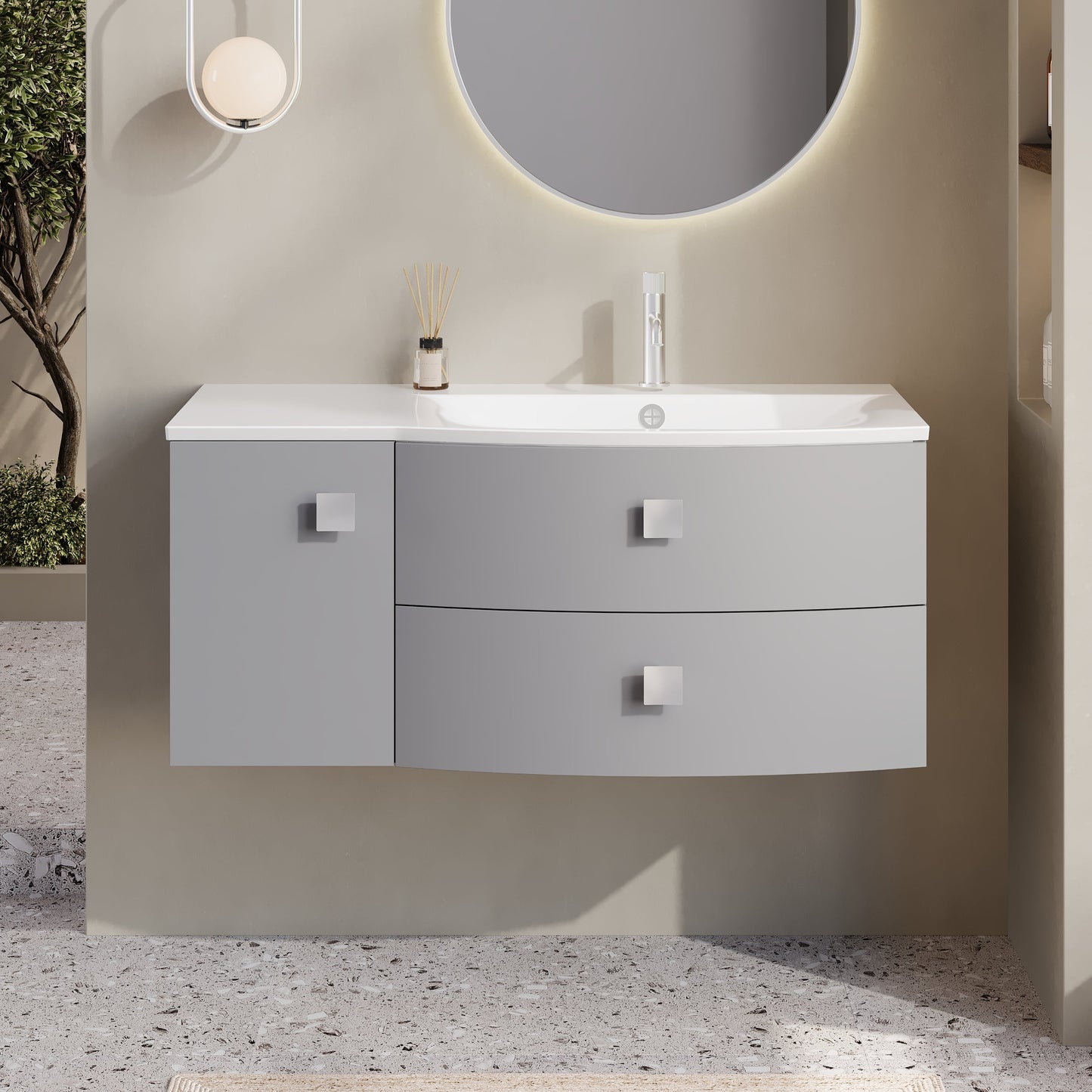 Hudson Reed Sarenna 1000mm Dove Grey Wall Hung Right Hand 2 Drawer 1 Door Vanity Unit with Polymarble Basin