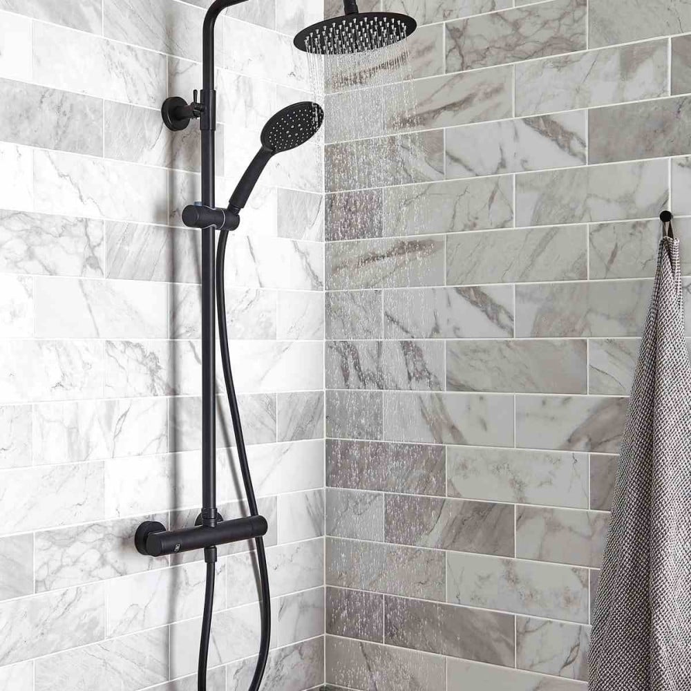 NERO ROUND THERMOSTATIC EXPOSED BAR SHOWER WITH OVERHEAD DRENCHER AND SLIDING HANDSET