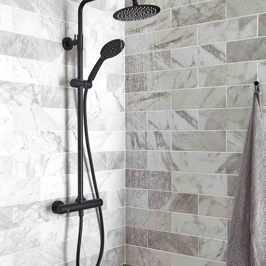 NERO ROUND THERMOSTATIC EXPOSED BAR SHOWER WITH OVERHEAD DRENCHER AND SLIDING HANDSET