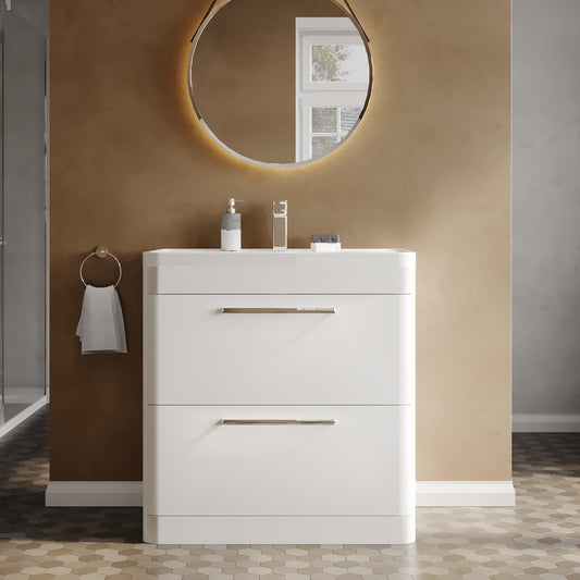 Hudson Reed Solar 800mm Pure White Floor Standing 2 Drawer Vanity Unit With Polymarble Basin