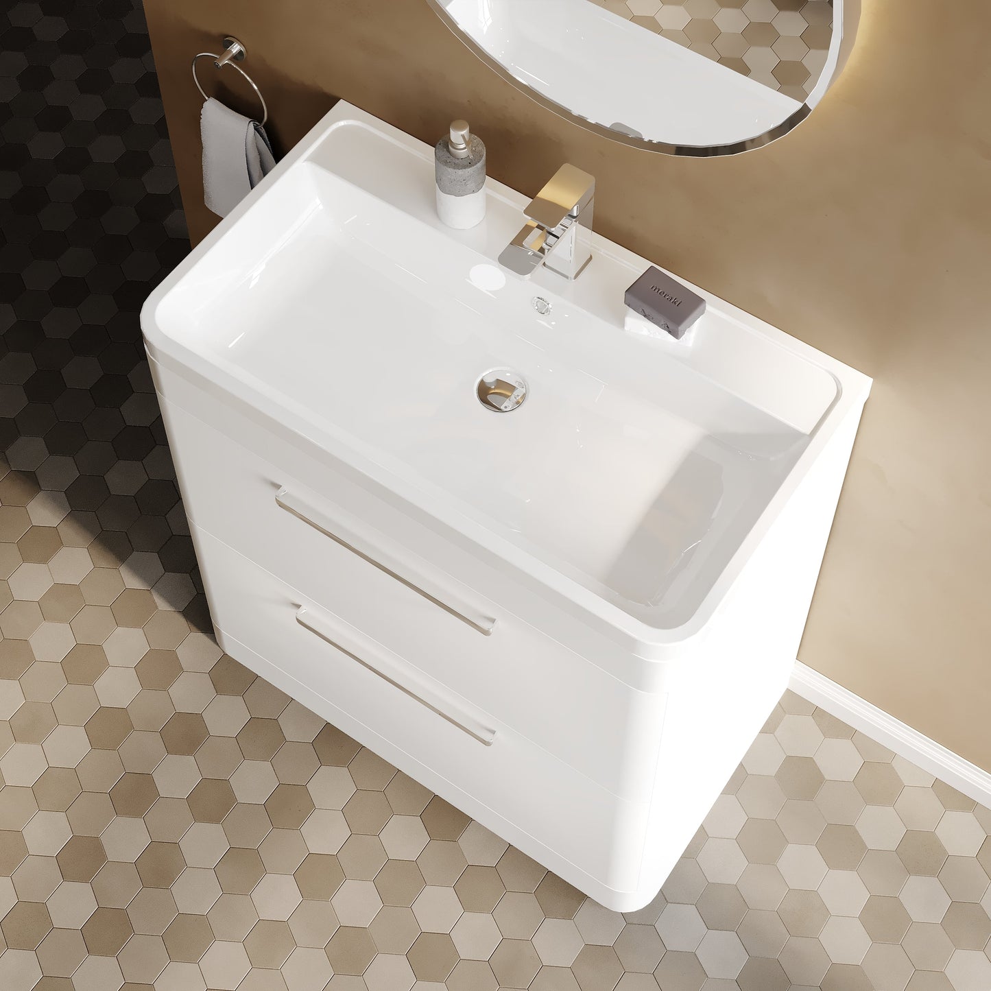 Hudson Reed Solar 800mm Pure White Floor Standing 2 Drawer Vanity Unit With Polymarble Basin