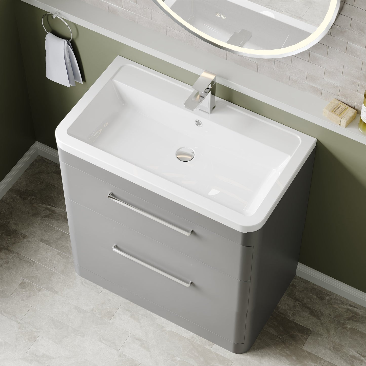 Hudson Reed Solar 800mm Cool Grey 2 Drawer Floor Standing Vanity Unit With Ceramic Basin