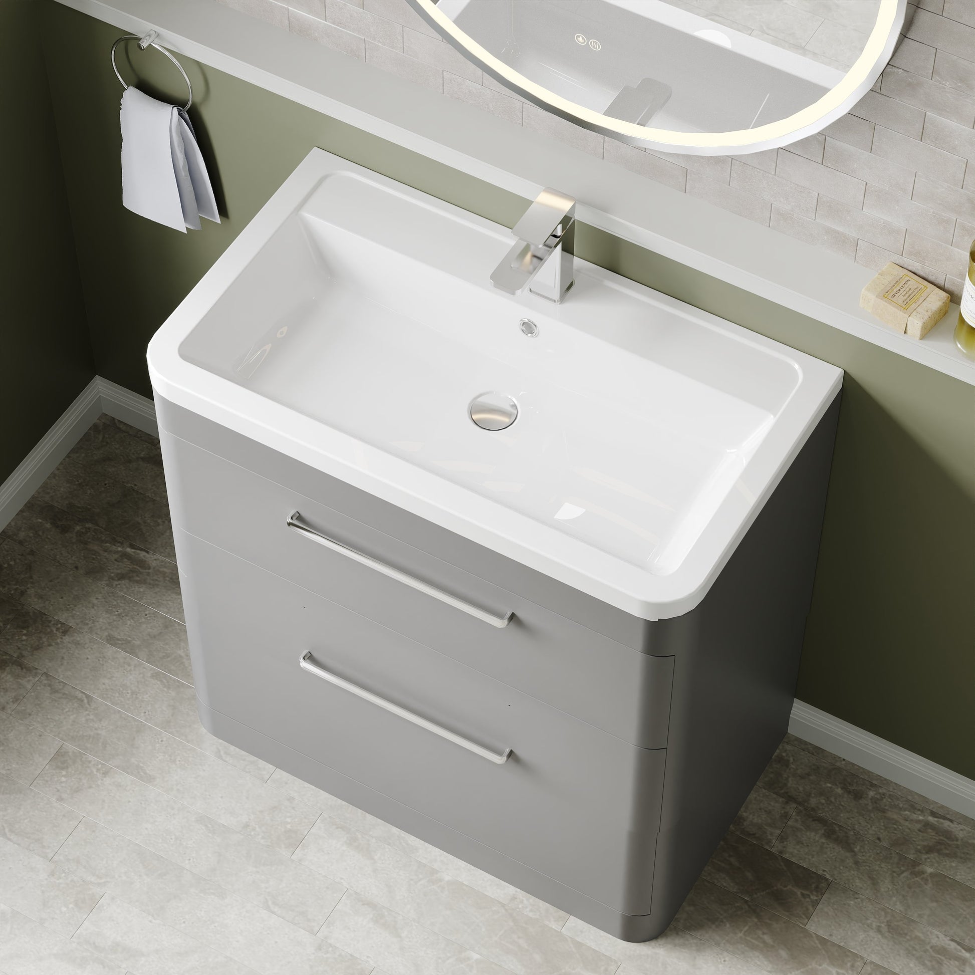 Hudson Reed Solar 800mm Cool Grey 2 Drawer Floor Standing Vanity Unit With Ceramic Basin