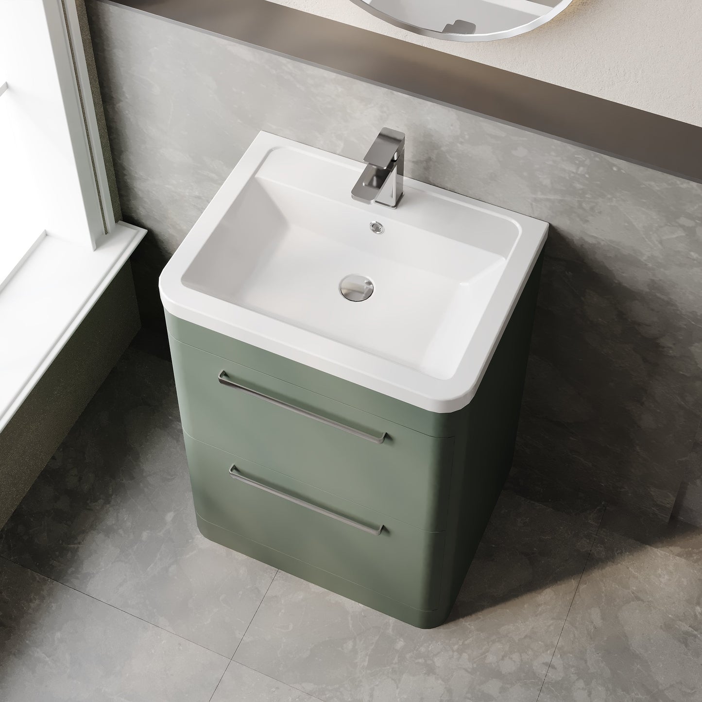 Hudson Reed Solar 600mm Fern Green Floor Standing 2-Drawer Vanity Unit With 1 Tap Hole Ceramic Basin