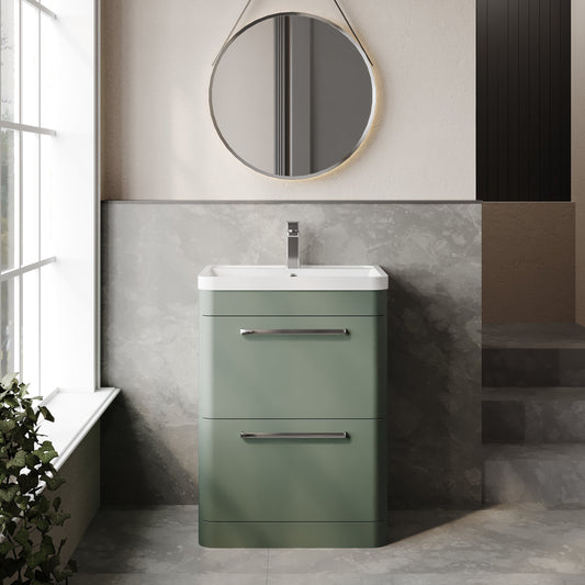 Hudson Reed Solar 600mm Fern Green Floor Standing 2-Drawer Vanity Unit With Polymarble 1 Tap Hole Basin
