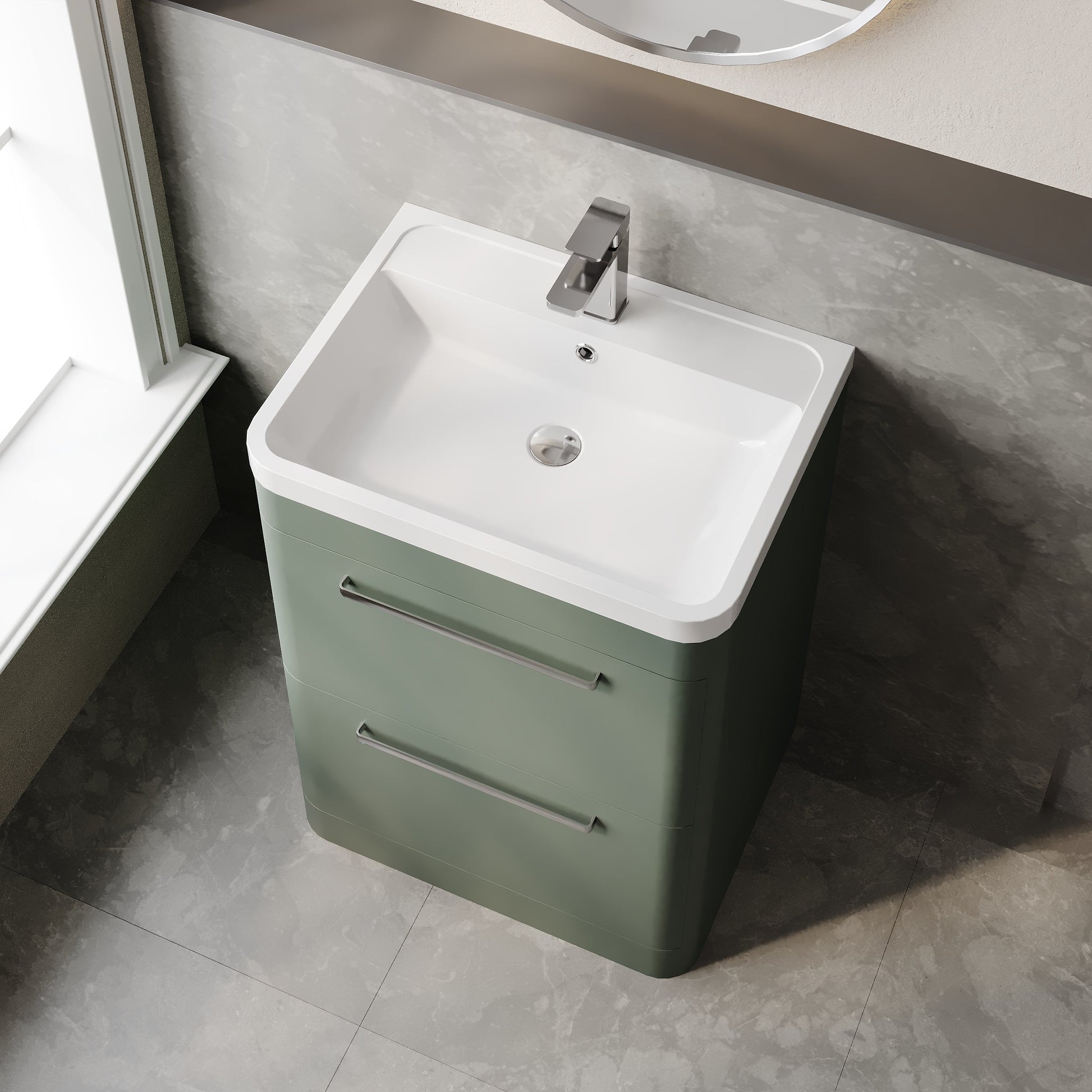 Hudson Reed Solar 600mm Fern Green Floor Standing 2-Drawer Vanity Unit With Polymarble 1 Tap Hole Basin