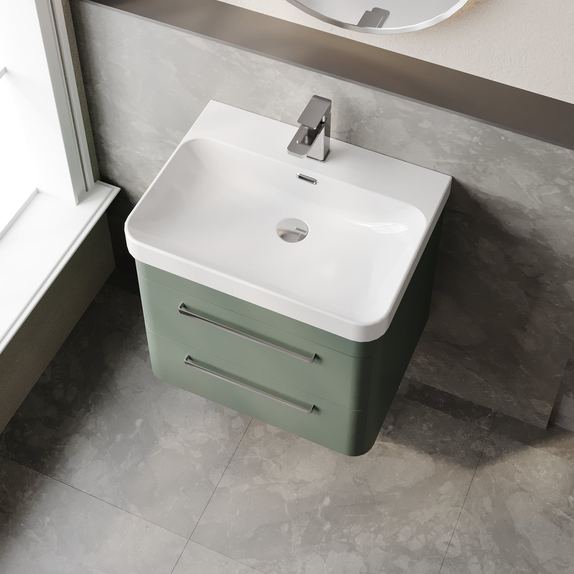 Solar 600mm Wall Hung 2-Drawer Unit and Thin Edge Ceramic 1 Tap Hole Basin