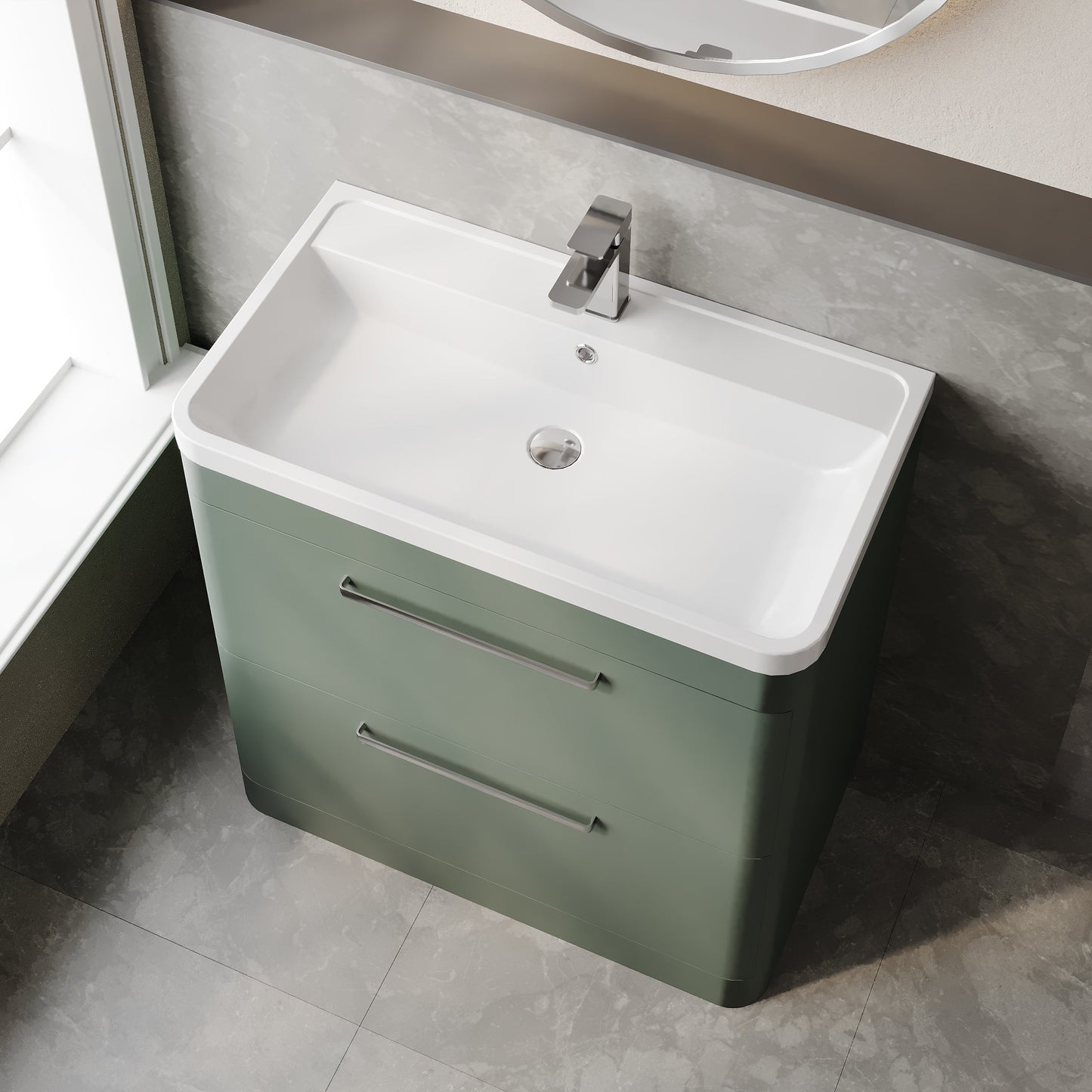 Hudson Reed Solar 800mm Fern Green Floor Standing 2-Drawer Vanity Unit With 1 Tap Hole Polymarble Basin