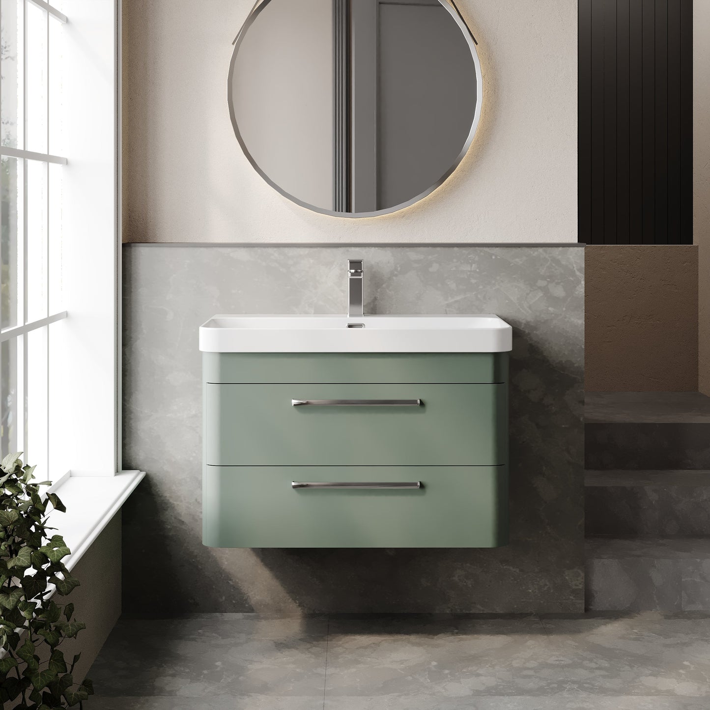 Hudson Reed Solar 800mm Fern Green Wall Hung 2-Drawer Unit with 1 Tap Hole Basin