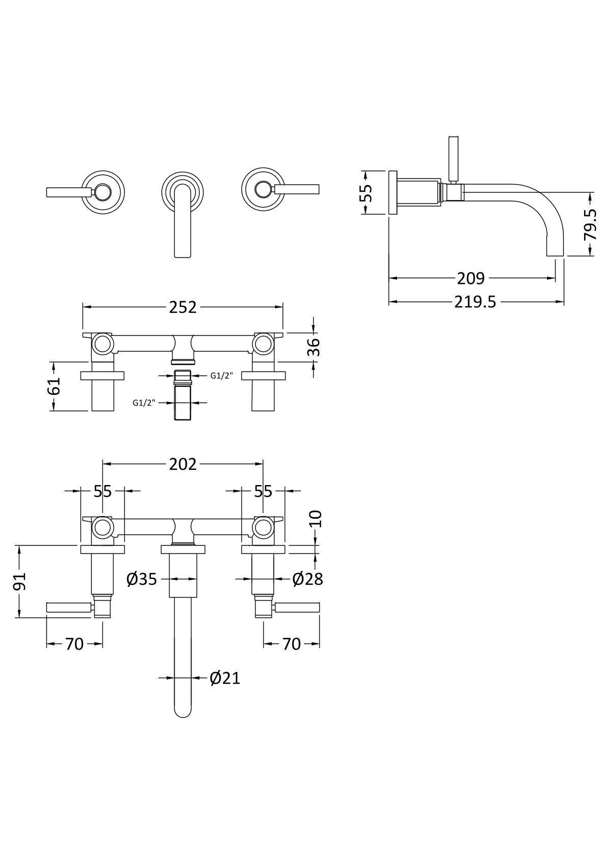 Tec Lever Wall Mounted Basin Mixer Brushed Brass