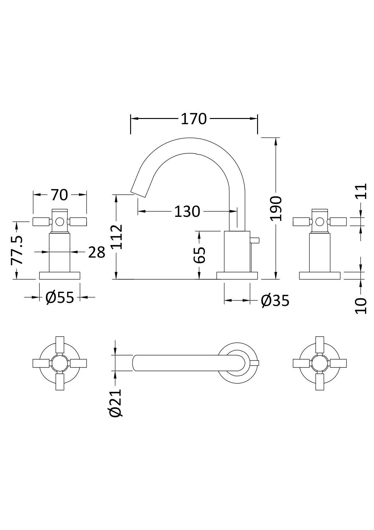 Tec Crosshead 3 Tap Hole Basin Mixer