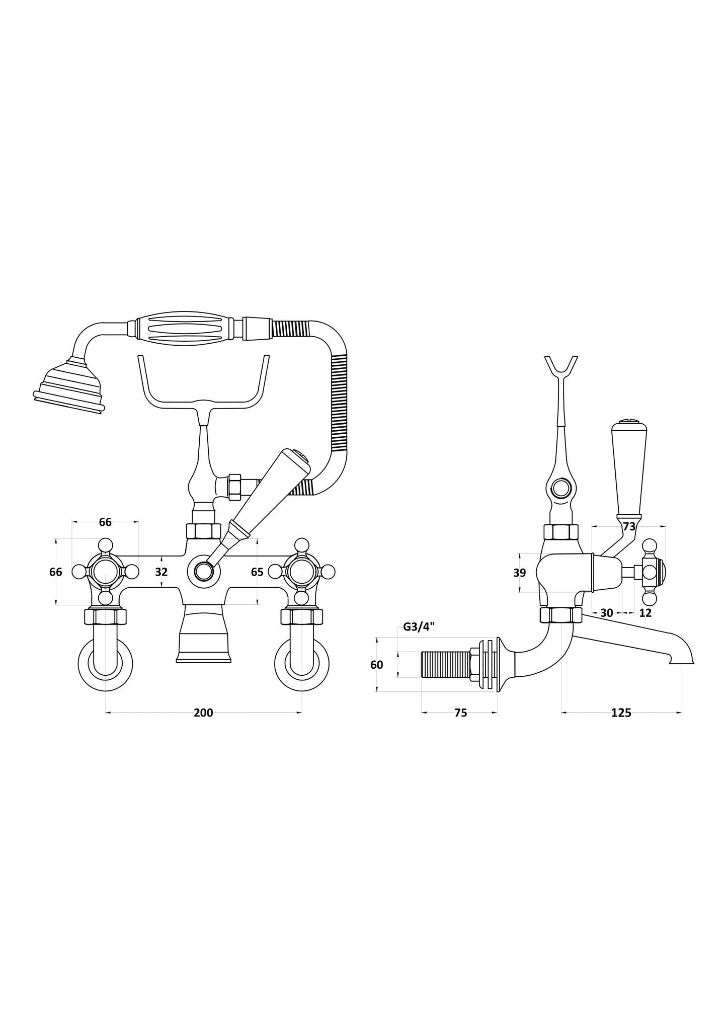 White Topaz With Crosshead Handle Wall Mounted Bath Shower Mixer