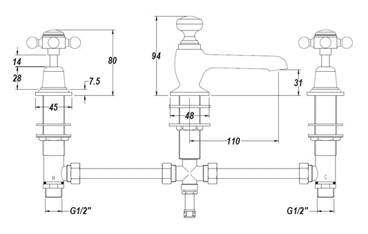 Black Topaz With Crosshead Handle 3 Tap Hole Basin Mixer