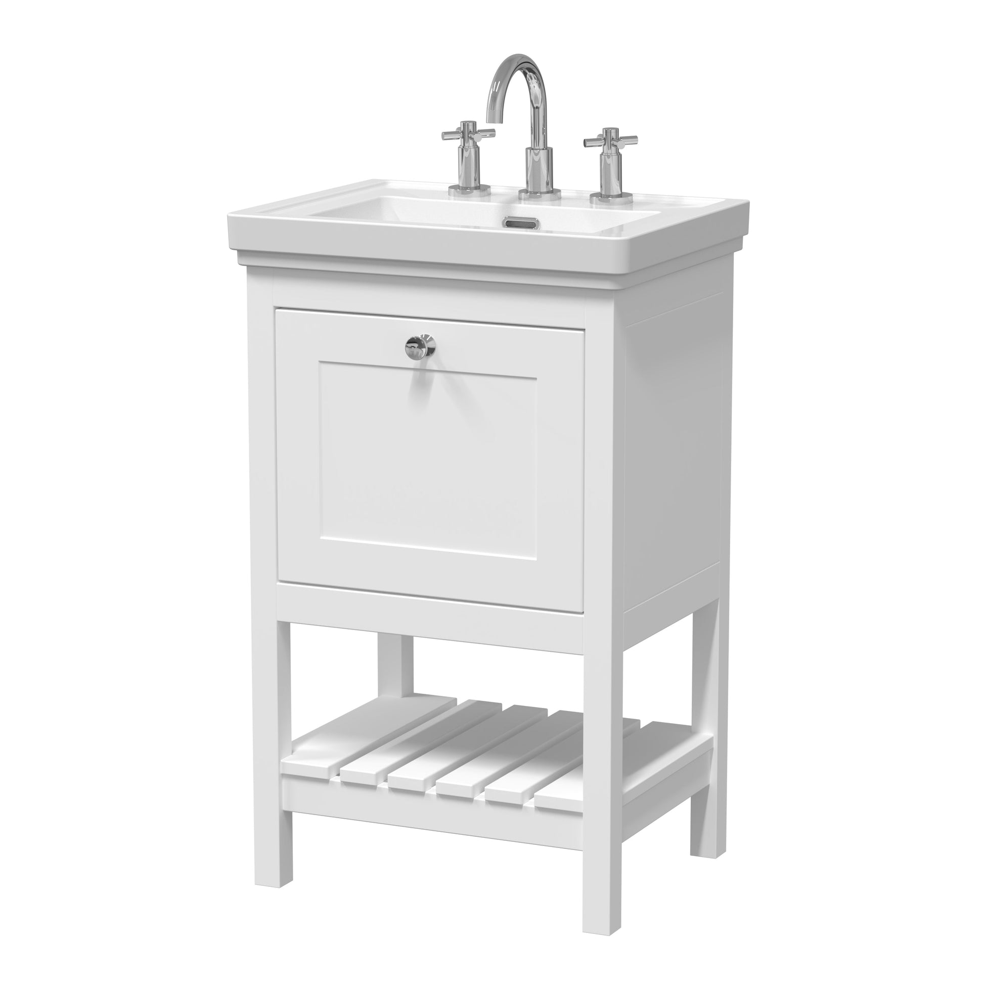 Hudson Reed Bexley 500mm Pure White Floor Standing 1 Drawer Vanity Unit with 3 Tap Hole Fireclay Basin