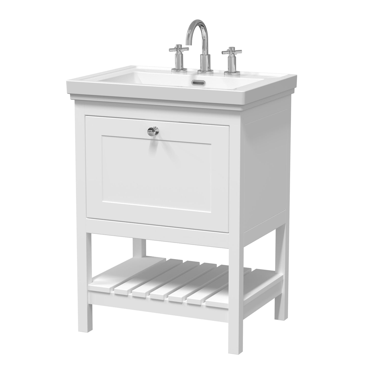 Hudson Reed Bexley 600mm Pure White 1 Drawer Floor Standing Vanity Unit With 3 Tap Hole Fireclay Basin