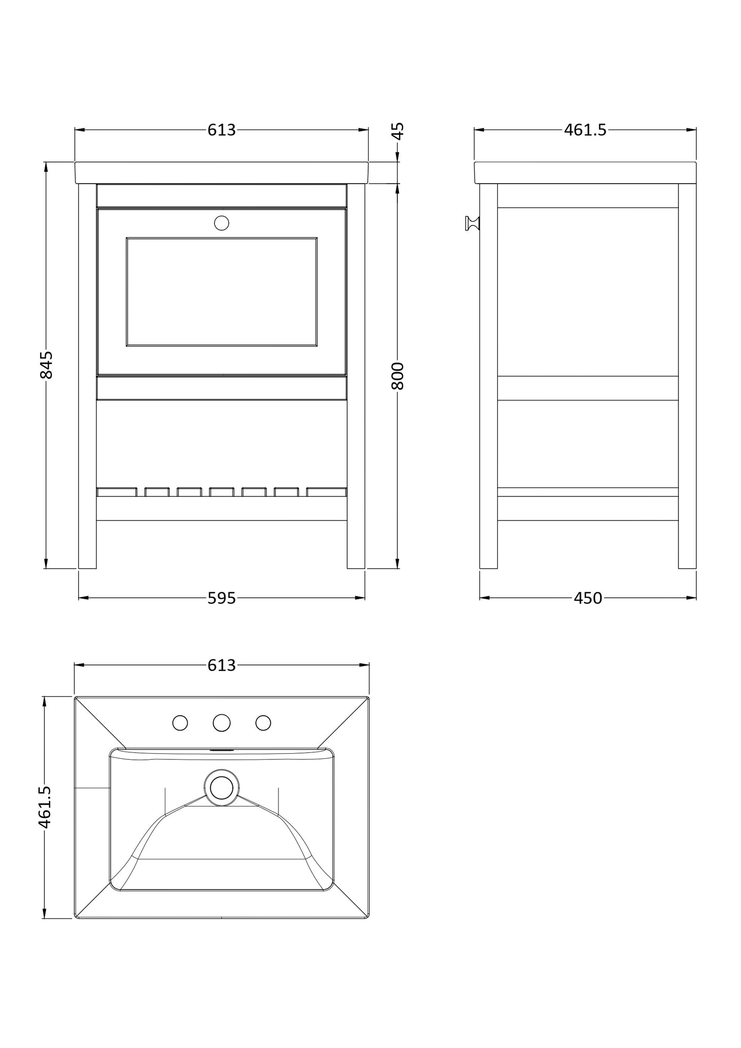 Hudson Reed Bexley 600mm Pure White Floor Standing 1 Drawer Vanity Unit with 3 Tap Hole Basin