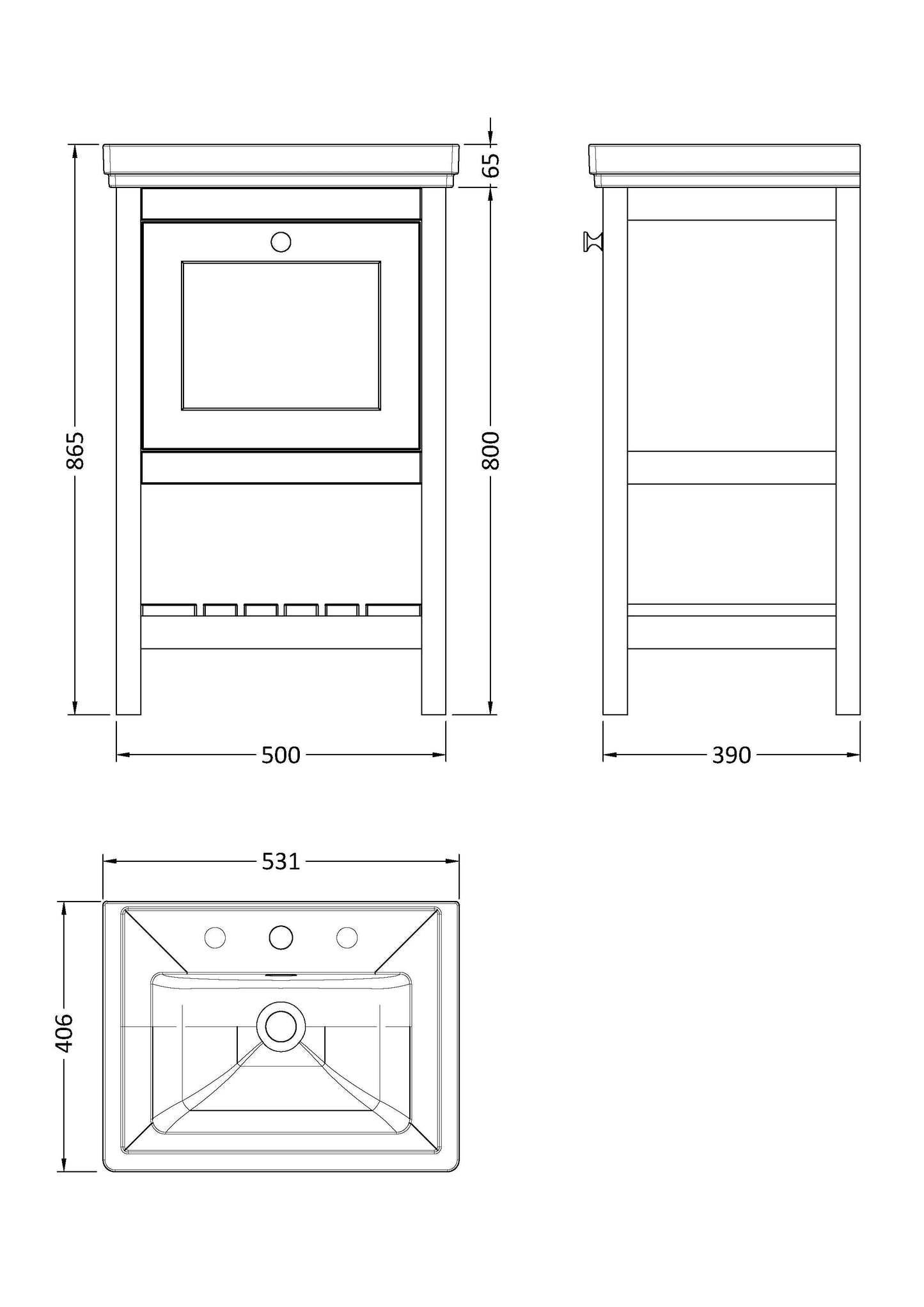 Hudson Reed Bexley 500mm Floor Standing 1 Drawer Vanity Unit With 3 Tap Hole Basin