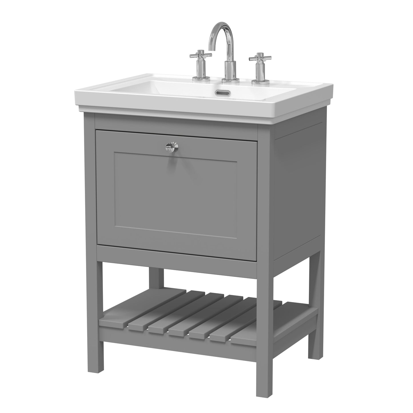Hudson Reed Bexley 600mm Cool Grey Floor Standing 1 Drawer Vanity Unit with 3 Tap Hole Basin
