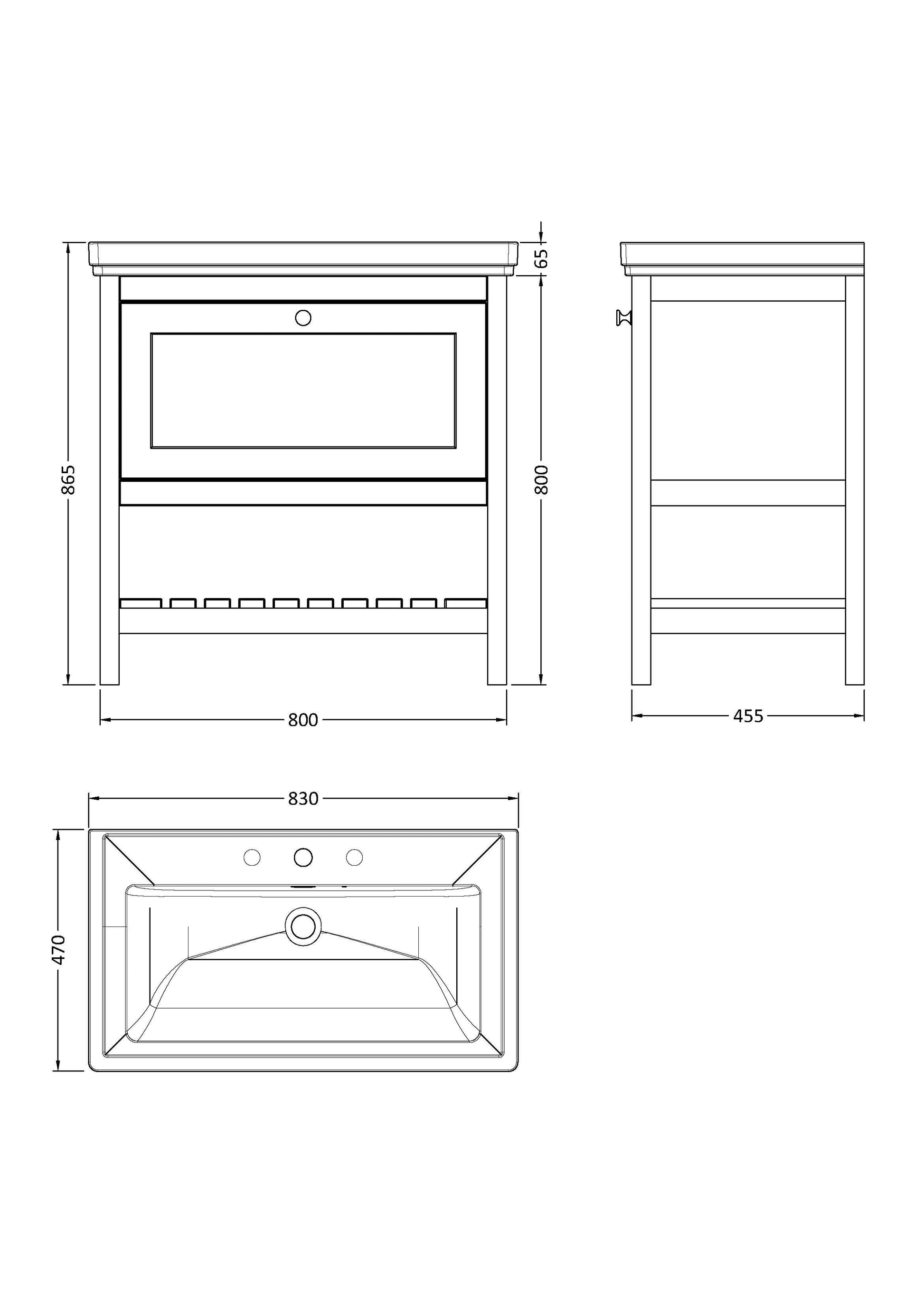Hudson Reed Bexley 830mm Floor Standing 1 Drawer Vanity Unit With 3 Tap Hole Fireclay Basin