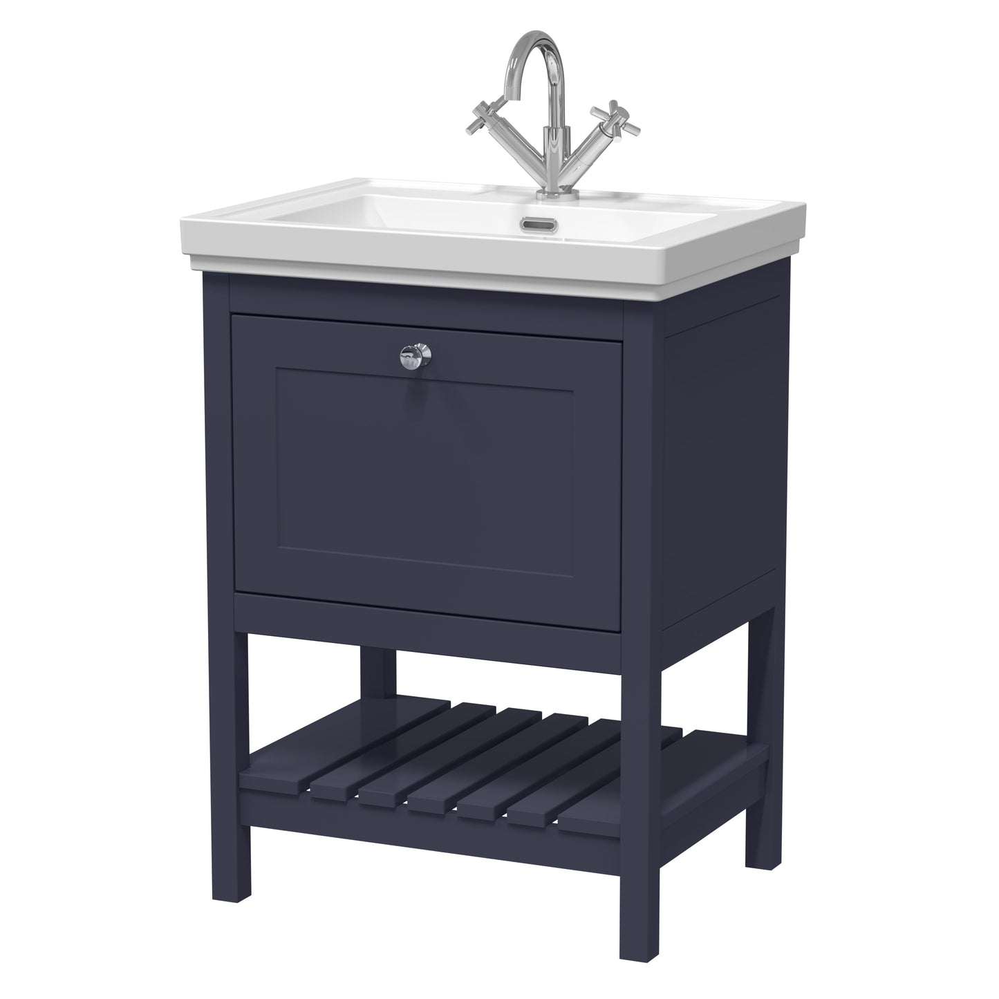 Hudson Reed Bexley 600mm Indigo Blue Floor Standing 1 Drawer Vanity Unit with 1 Tap Hole Fireclay Basin
