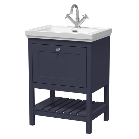 Hudson Reed Bexley 600mm Indigo Blue Floor Standing 1 Drawer Vanity Unit with 1 Tap Hole Fireclay Basin