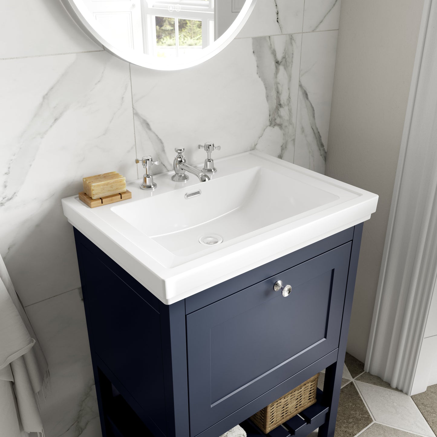 Hudson Reed Bexley 800mm Indigo Blue Traditional 1 Drawer Floor Standing Vanity Unit With 3 Tap Hole Basin