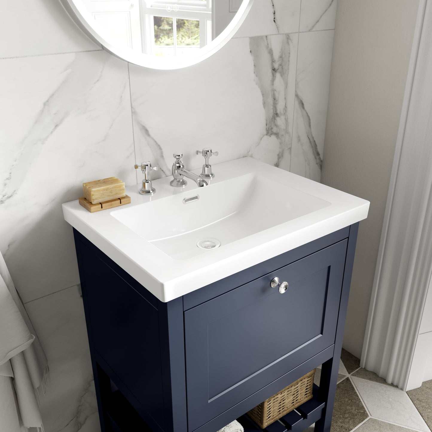 Hudson Reed Bexley 800mm Indigo Blue Floor Standing Vanity Unit With 3 Tap Hole Fireclay Basin