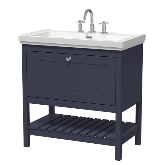 Hudson Reed Bexley 800mm Indigo Blue Traditional 1 Drawer Floor Standing Vanity Unit With 3 Tap Hole Basin