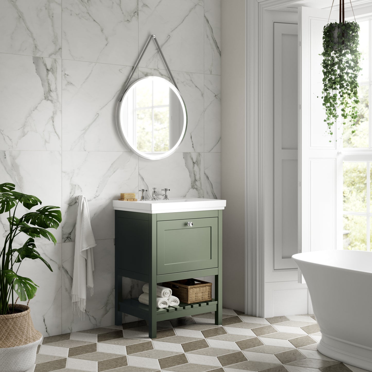 Hudson Reed Bexley 600mm Fern Green 1 Drawer Floor Standing Vanity Unit with 3 Tap Hole Fireclay Basin