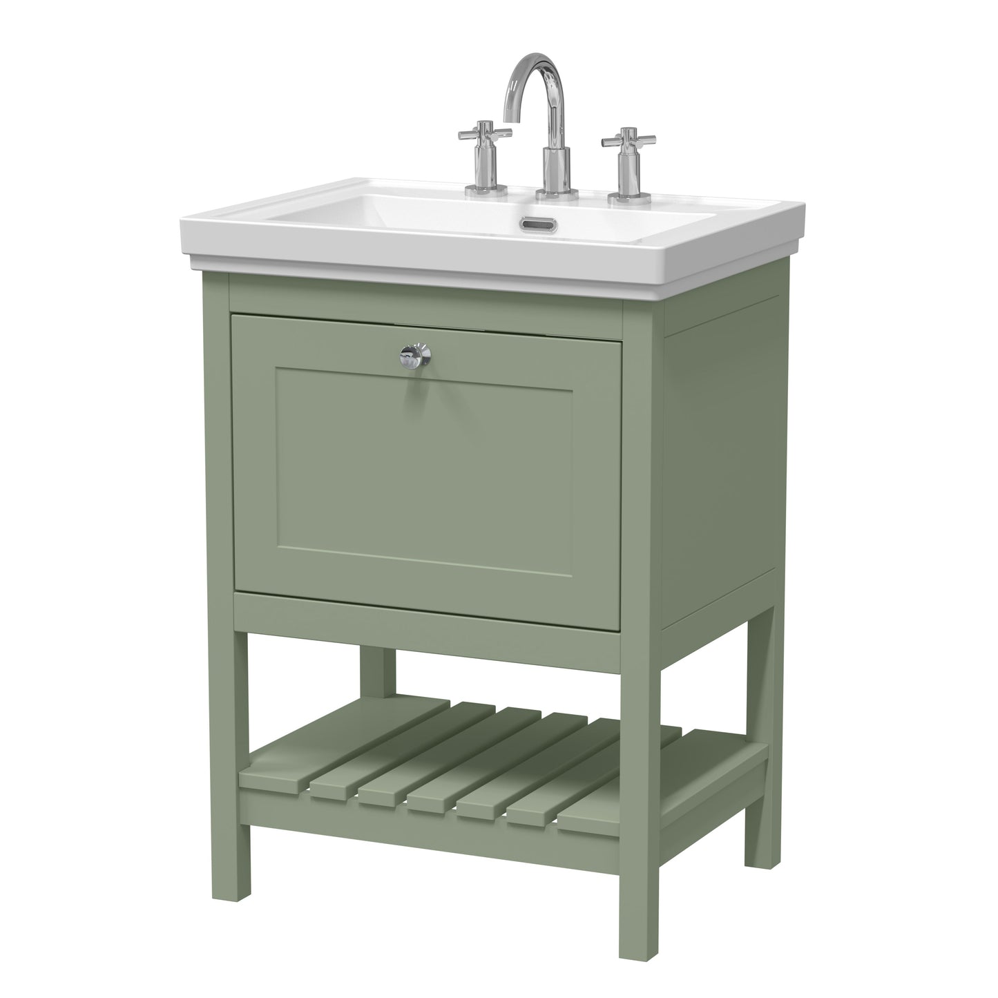 Hudson Reed Bexley 600mm Fern Green 1 Drawer Floor Standing Vanity Unit with 3 Tap Hole Fireclay Basin