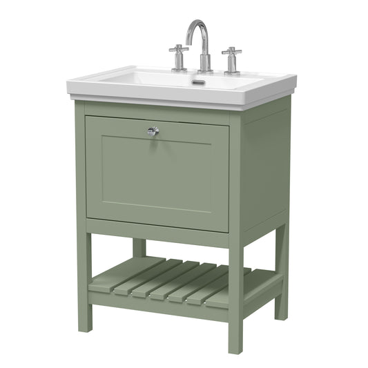 Hudson Reed Bexley 600mm Fern Green 1 Drawer Floor Standing Vanity Unit with 3 Tap Hole Fireclay Basin